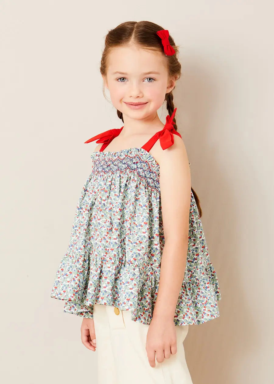 Evelyn Floral Smock Tie Strap Blouse for Girls - Red (Size 4-10 Years) | Perfect for School, Parties & Family Photos