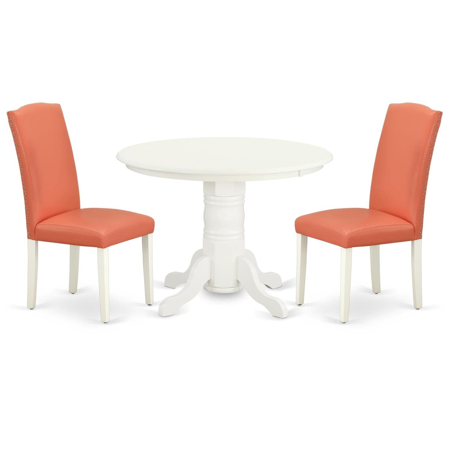 East West Furniture 3-Piece Round Dining Table Set with Pedestal Base & 2 Pink Flamingo Faux Leather Chairs, 42x42 Inch, Linen White - Perfect for Small Kitchen, Breakfast Nook or Cozy Apartment Dining Area