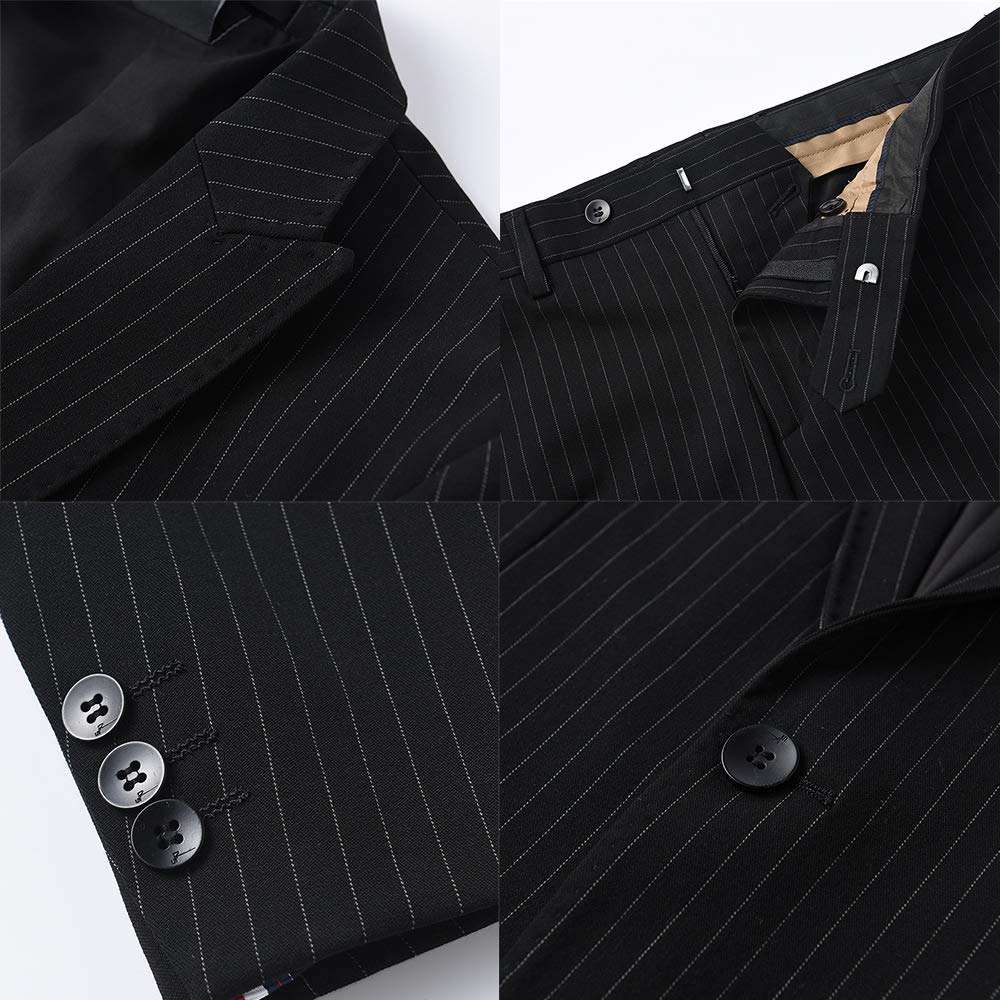 Men's 3-Piece Slim Fit Wool Black Pinstripe Suit Set with Blazer, Vest & Pants | Formal Wedding, Business, Party & Special Occasion Attire