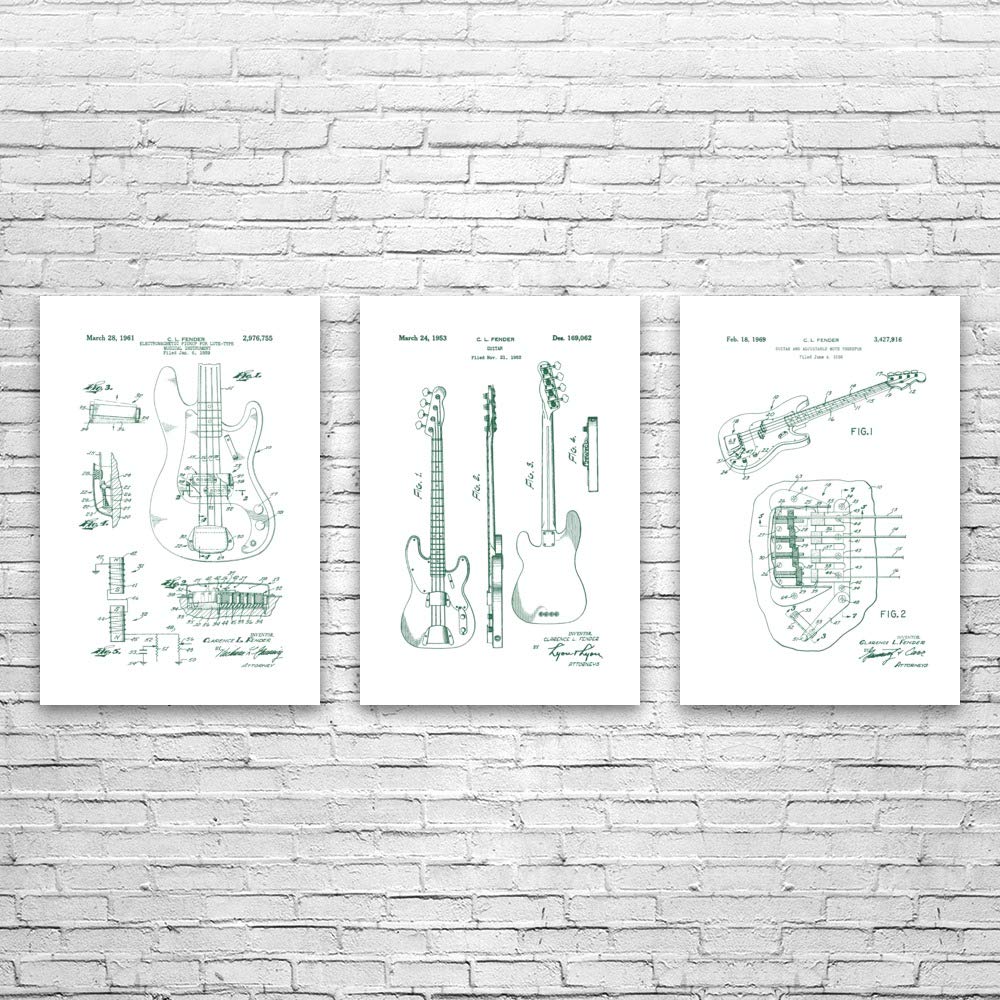Premium Bass Guitar Posters Set of 3 - 11x14 Inch Green & White Wall Art for Bassists | Perfect Gift for Guitar Players, Music Teachers & Decor for Home, Studio, or Music Classroom