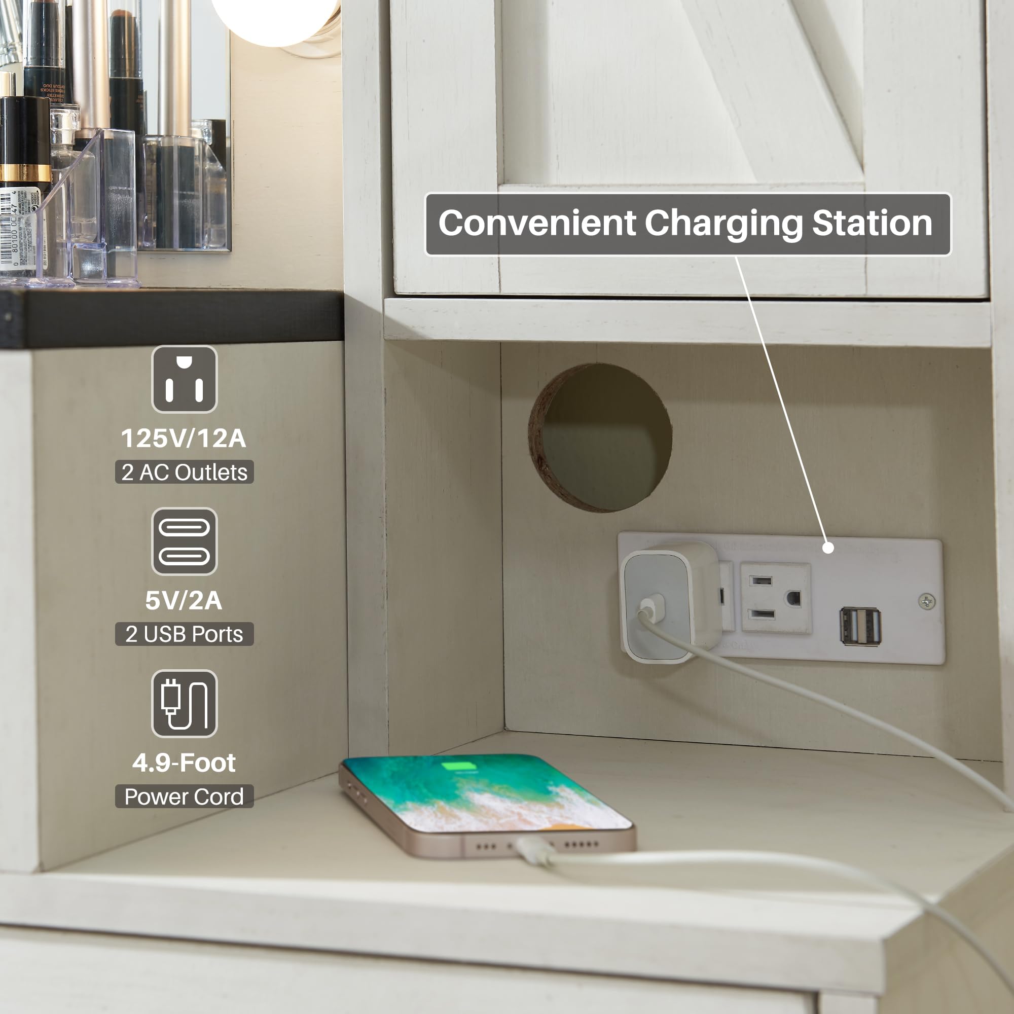 Farmhouse Vanity Makeup Desk with Charging Station & LED Mirror - 43