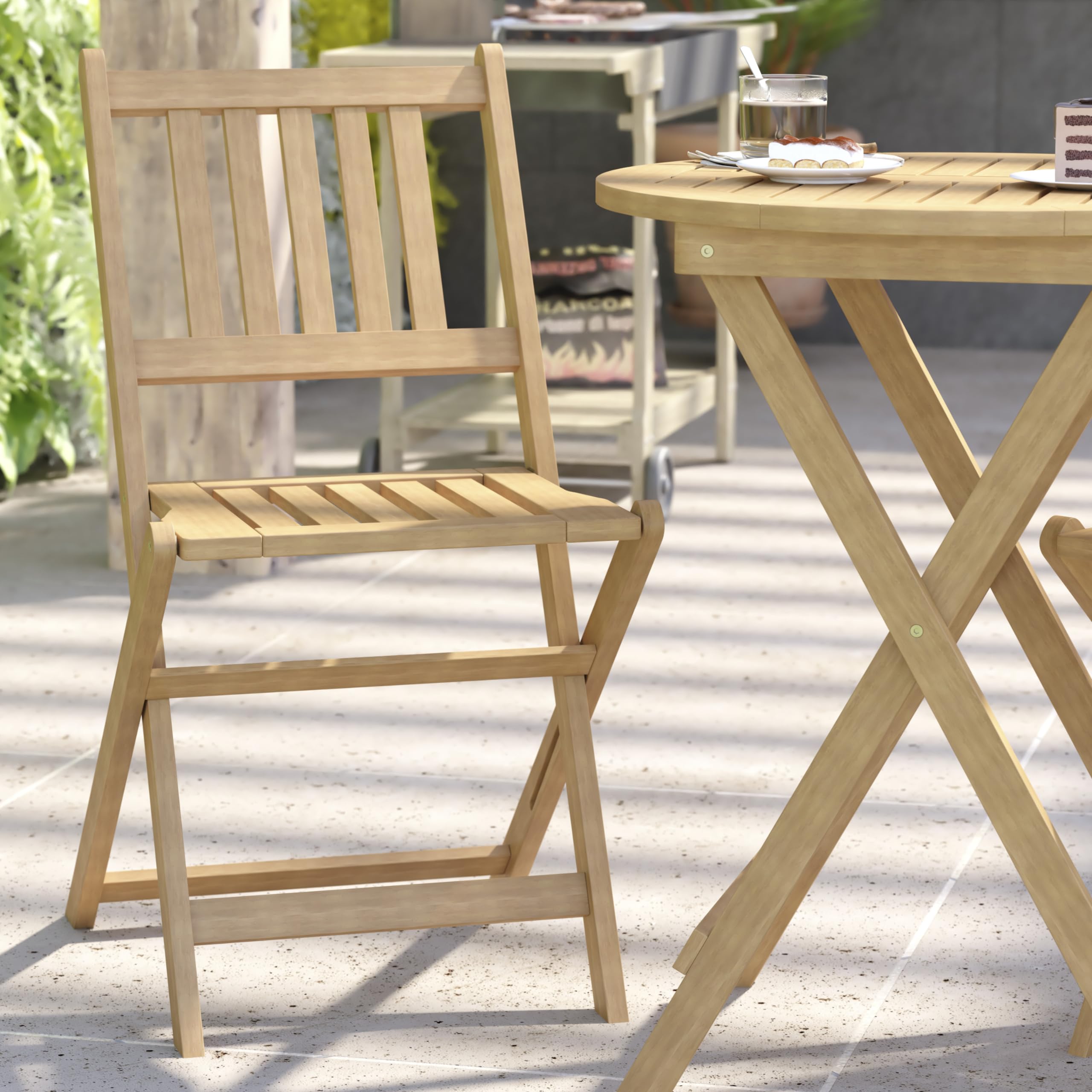3 Piece Folding Patio Bistro Set - Natural Acacia Wood Round Table with 2 Chairs - Indoor/Outdoor Furniture for Garden, Balcony & Backyard - Slatted Tabletop & Seating - Perfect for Coffee, Dining & Relaxing