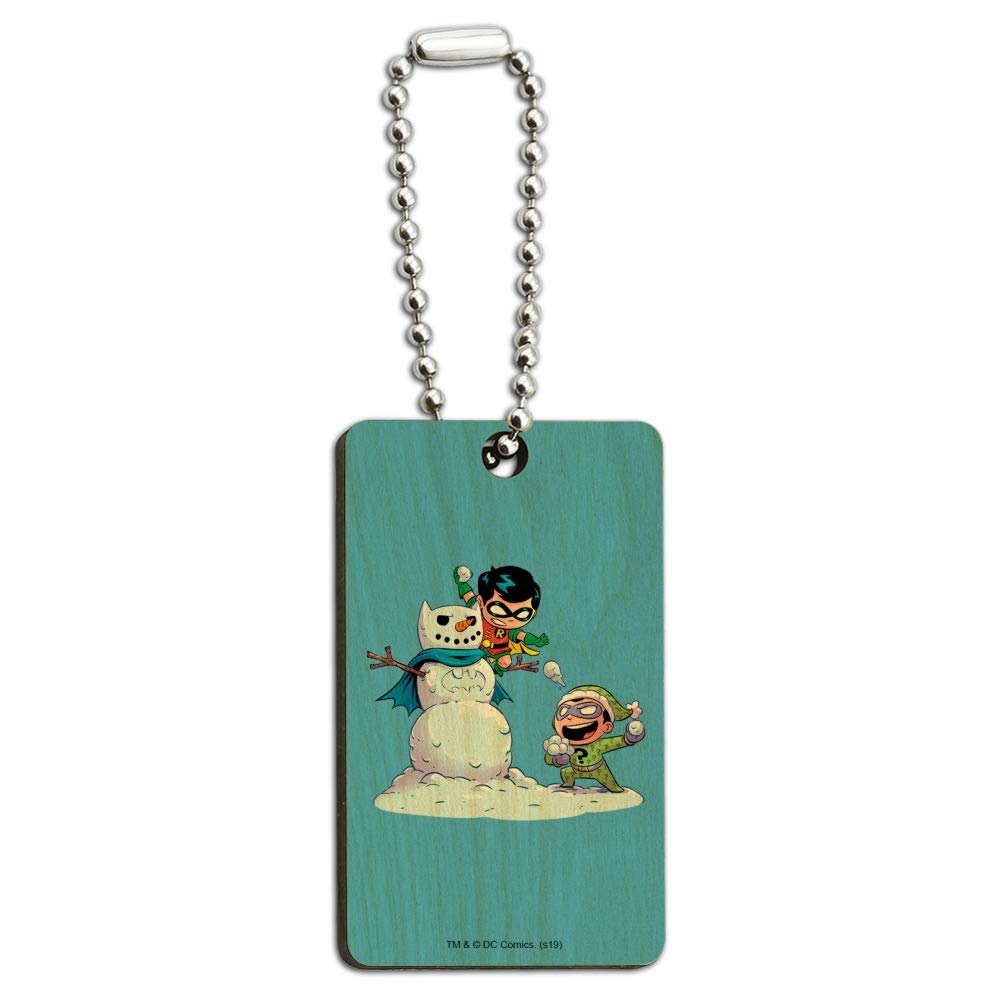 Robin and Riddler Snowball Fight Wooden Rectangle Keychain - DC Comics Collectible Key Ring for Batman Fans - Perfect for Keys, Gifts, and Cosplay Accessories