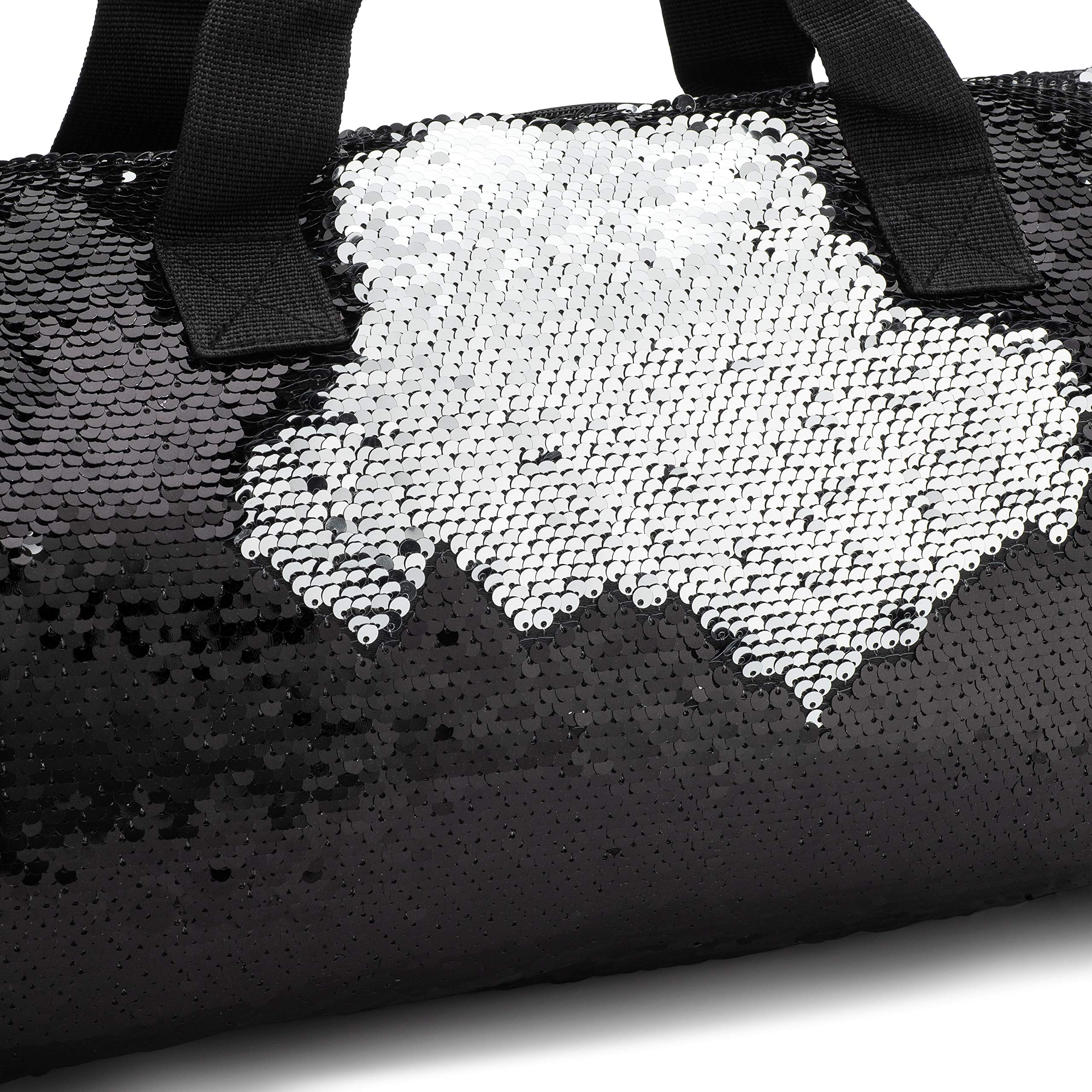 Reversible Sequin Dance Duffle Bag for Girls Kids Teens - Adjustable Carry On Weekender Travel Bag with Handy Pouch (16 Inch, Black Silver) | Perfect for Dance Classes, Sleepovers & Weekend Getaways