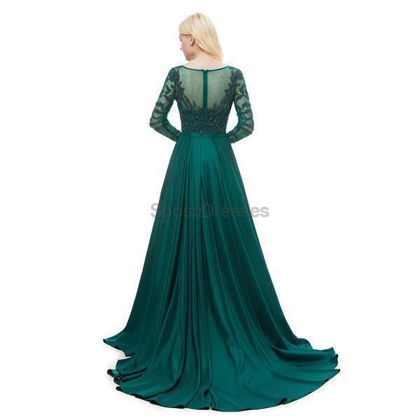 Emerald Green Long Sleeve Beaded Prom Dress for Women - Elegant Evening Party Gown with Sparkling Rhinestones - Perfect for Homecoming, Formal Dances & Special Occasions