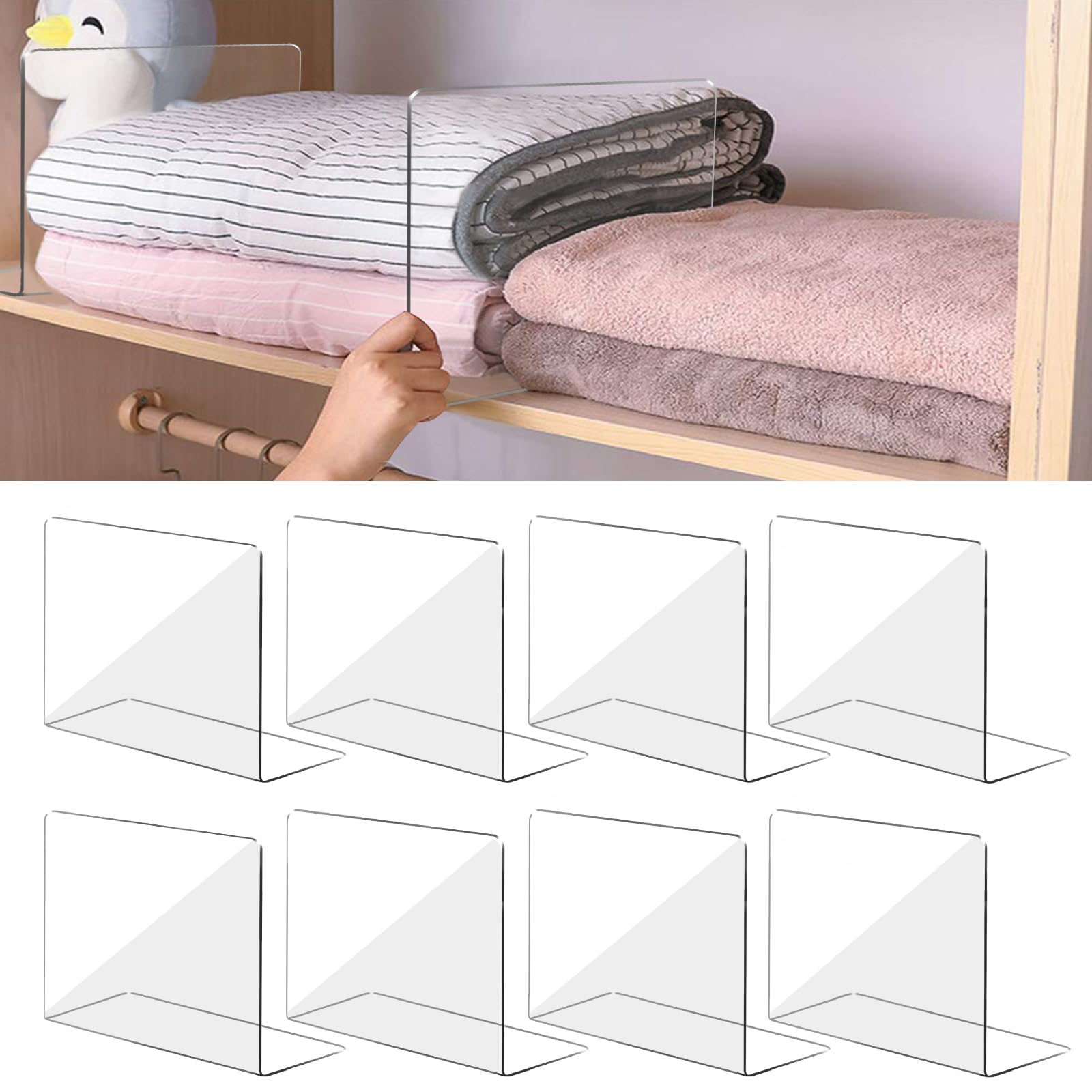 OKPOW 8 Pack Clear Acrylic Shelf Dividers - Adjustable Closet Organizers for Clothing, Durable Tall Shelf Separators | Perfect for Wardrobe, Pantry & Retail Store Organization