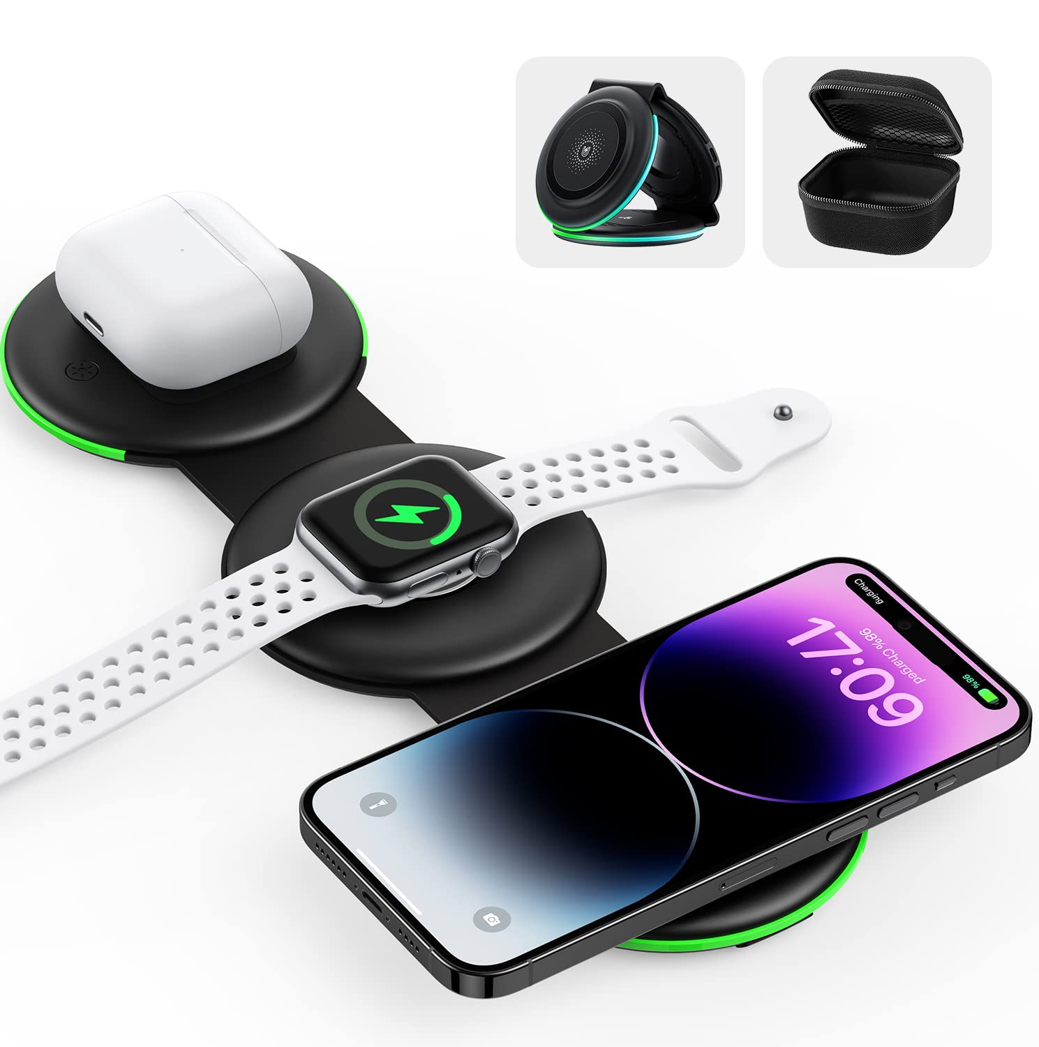 GUSGU 3-in-1 Wireless Charging Station with MagSafe | Fast Charger for iPhone 14/13/Pro Max/Plus, Apple Watch & AirPods | Portable Travel Charger with Storage Bag & Adapter | Perfect for Home, Office & Travel Use