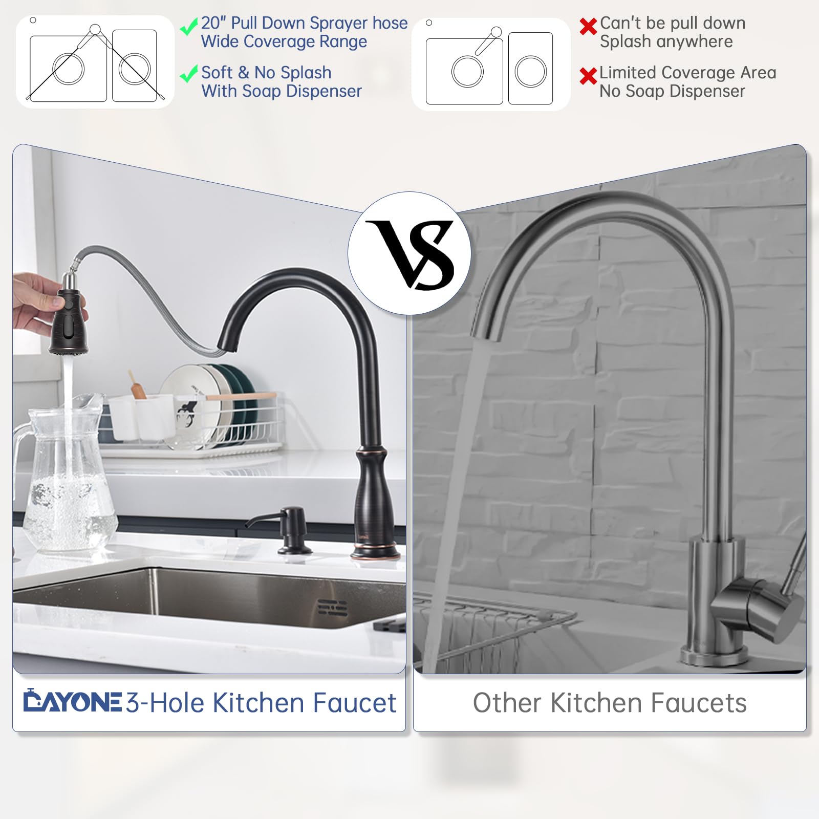 DAYONE 3-Hole Kitchen Sink Faucet with Soap Dispenser & Separate Handle - Oil Rubbed Bronze Pull Down Sprayer, High Arc Single Handle Design (DAY-279ORB) - Perfect for Modern Kitchens & Food Prep Stations