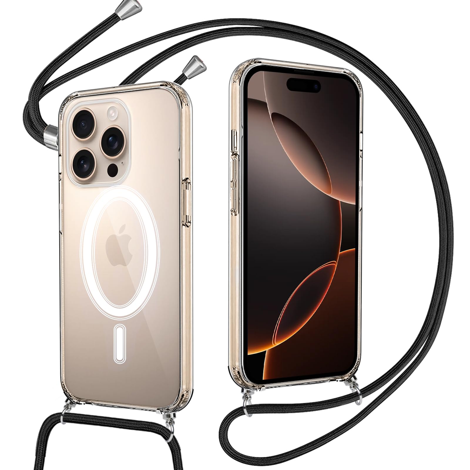 Pnakqil Magnetic Silicone Case for iPhone 16 Pro Max - MagSafe Compatible, Shockproof Transparent Cover with Adjustable Shoulder Strap & Charging Cord (Black) - Perfect for Outdoor Activities, Travel & Daily Protection