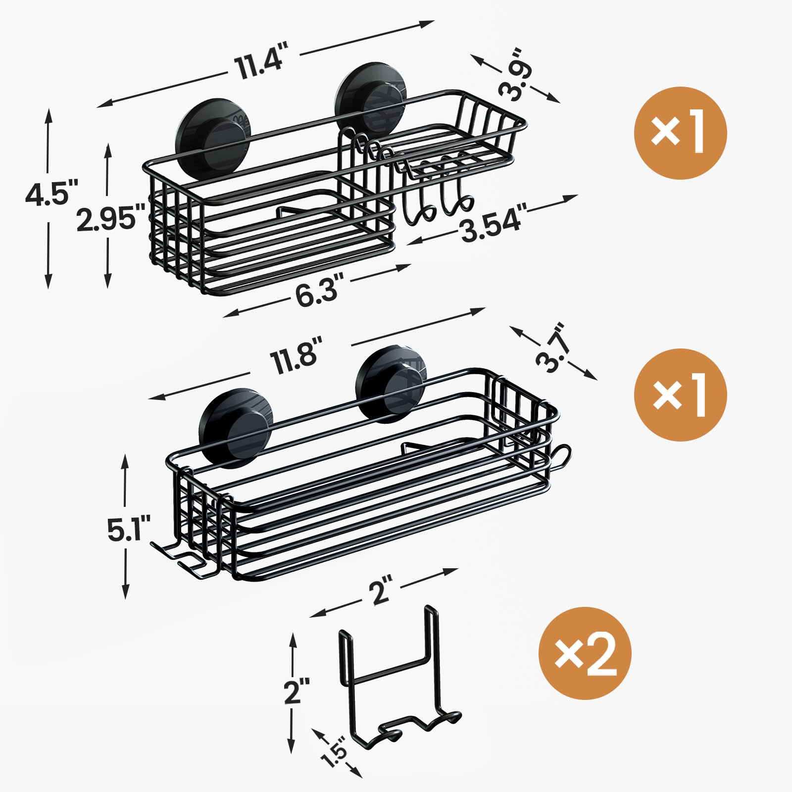 LEVERLOC Shower Caddy Suction Cup - 2 Pack Rustproof Bathroom Shelves with Hooks & Soap Holder | No-Drilling Metal Shower Organizer for Shampoo, Razor & Toiletries | Perfect for Small Bathrooms & Dorm Showers (Black)