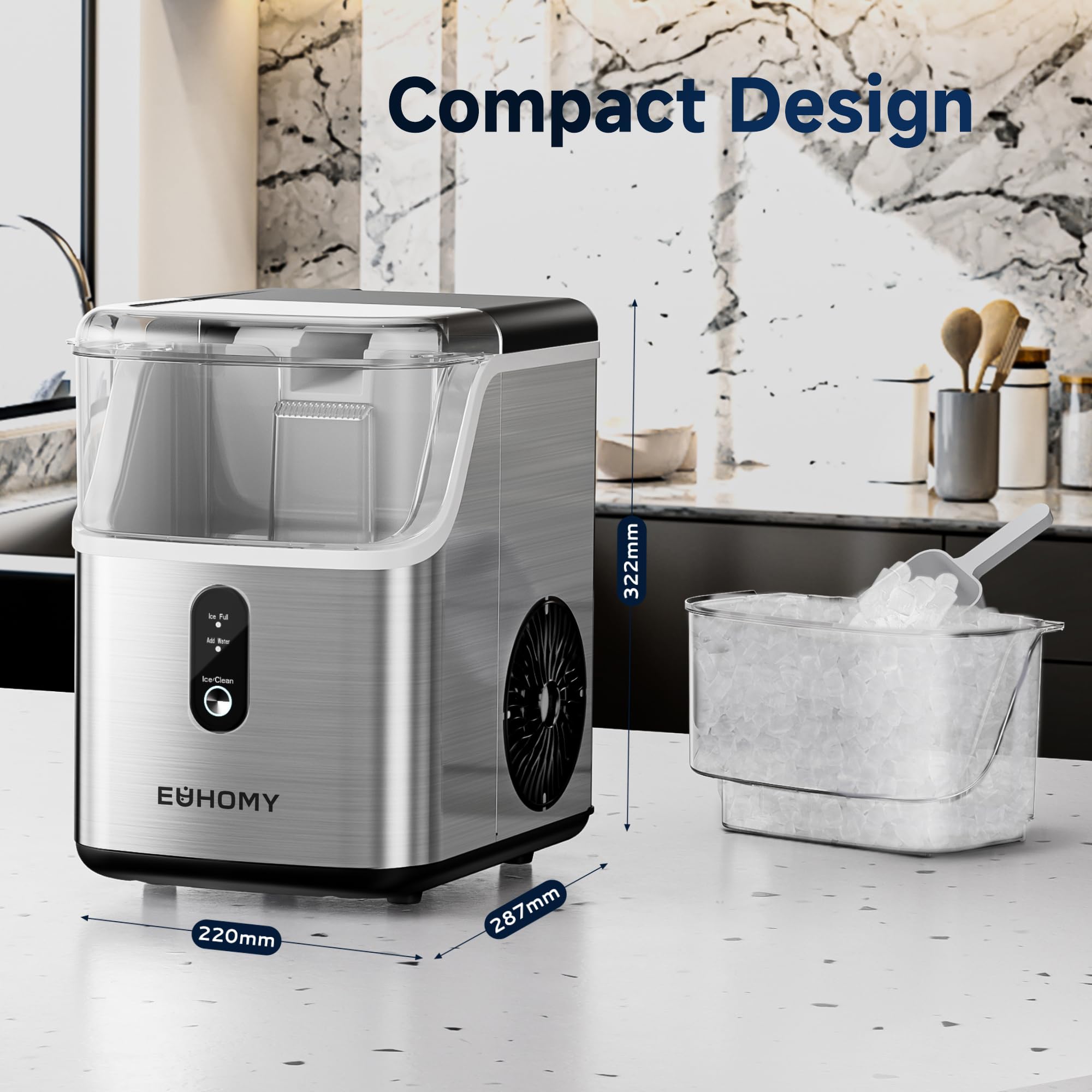EUHOMY Countertop Nugget Ice Maker - 34lbs/24H Soft Pebble Ice Machine with Self-Cleaning & Ice Scoop - Stainless Steel Pellet Ice Maker for Home, Kitchen, Office, Bar, Restaurant & Outdoor Parties