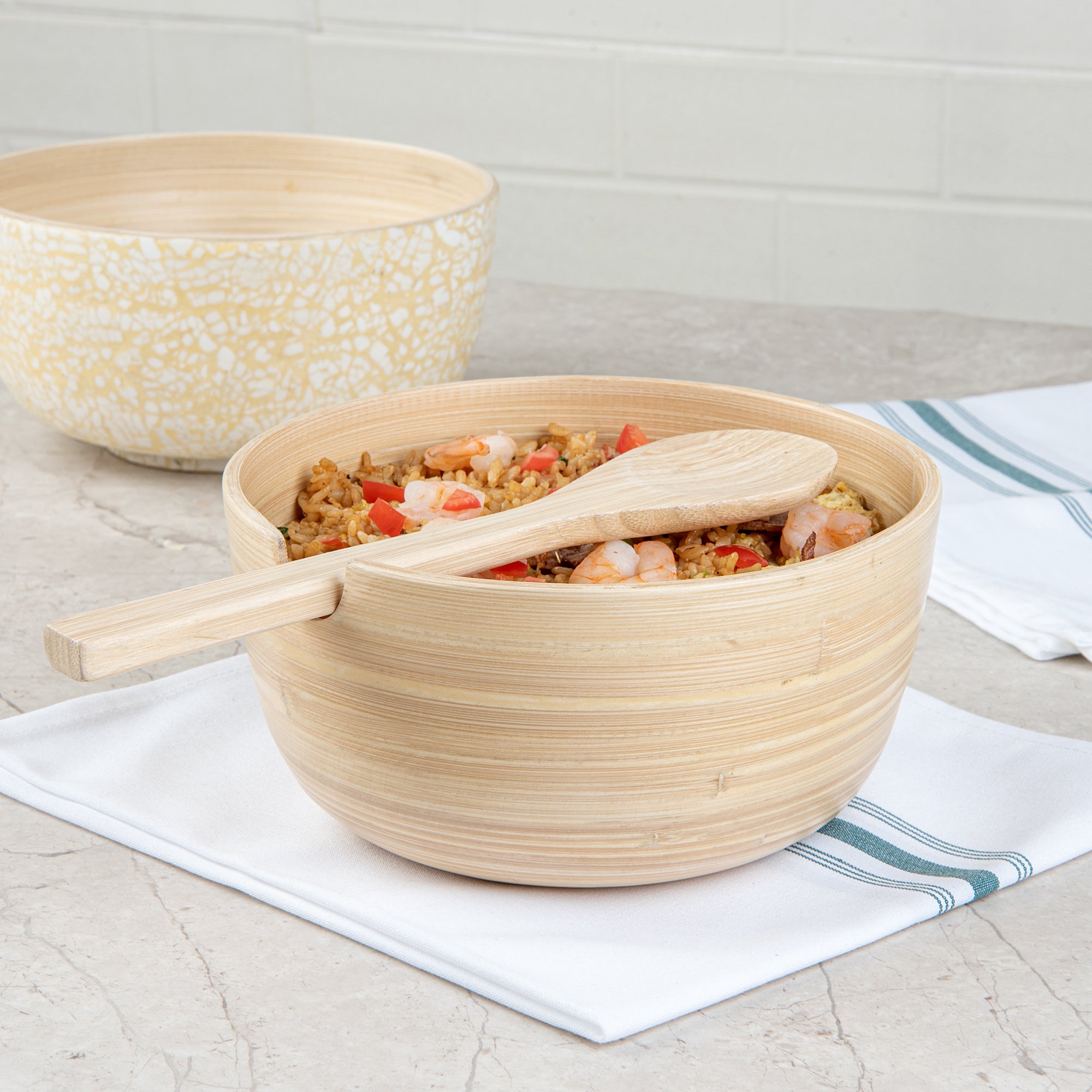 Bambuddha 25 oz Round Natural Spun Bamboo Serving Bowl with Serving Spoon - 7.75