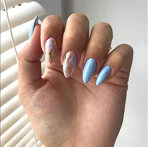 KLOSS BEAUTY Custom Blue Marble Almond Press-On Nails - Set of 10 Hand-Painted Gel UV Nails for Salon-Quality Manicure at Home | Perfect for Weddings, Parties & Special Occasions (Almond, XS)
