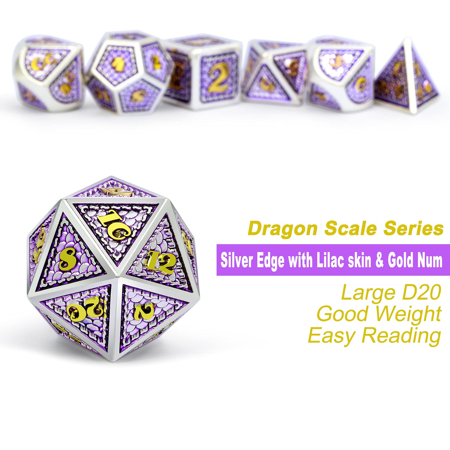 DNDND Metal DND Dice Set - 7-Piece Dragon Scale Metallic D&D Dice with Velvet Pouch for Dungeons & Dragons RPG Games (Lilac with Silver Edge) | Perfect for Tabletop Gaming, D&D Sessions & Fantasy Role-Playing Adventures