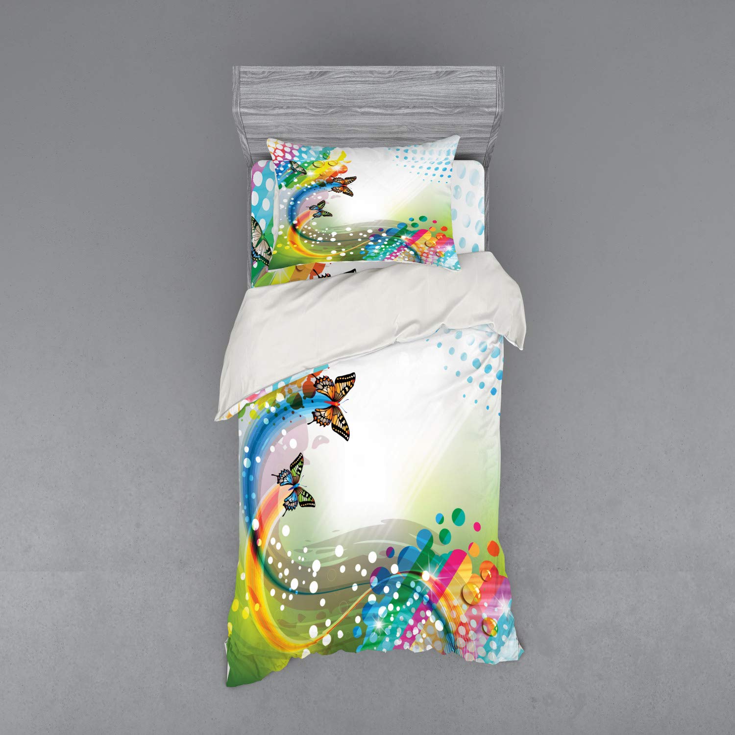 Ambesonne Trippy Butterfly & Comet Bubble 3-Piece Duvet Cover Set - Twin Size Colorful Bedding with Sham & Fitted Sheet | Psychedelic Home Decor for Teen Bedrooms, Dorm Rooms & Bohemian Style Apartments