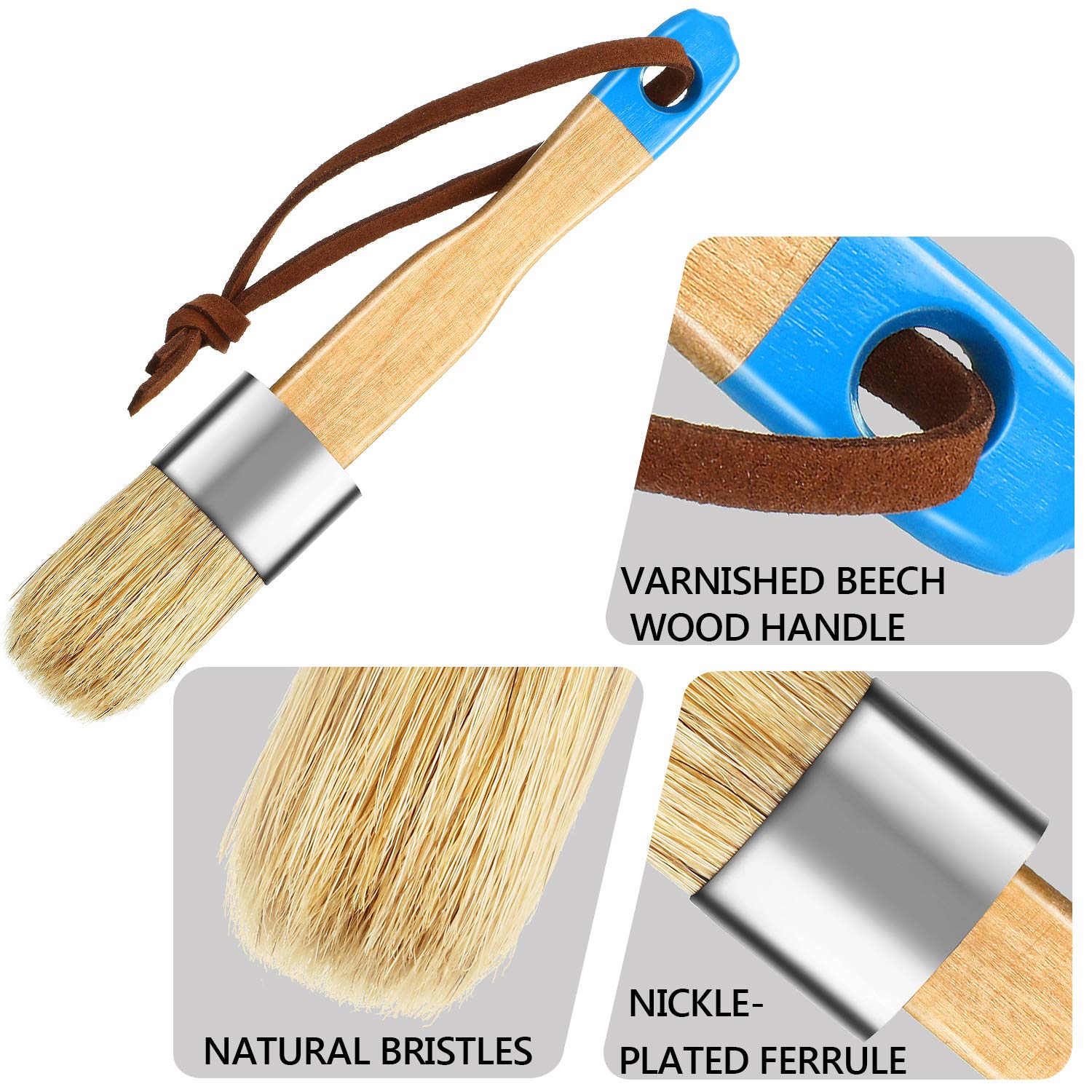 ABIYX 3-Piece Chalk & Wax Paint Brush Set - Flat, Pointed & Round Bristle Stencil Brushes for Wood Furniture, DIY Home Decor & Craft Projects (Blue) - Perfect for Distressed Finishes, Chalk Painting & Wax Application