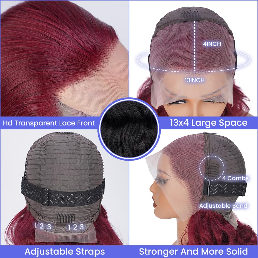 99J Burgundy 28 Inch Body Wave Lace Front Wig for Women - 13x4 Transparent Lace Human Hair Wig with Pre-Plucked Hairline & Baby Hair - 180% Density Red Human Hair Wig for Everyday Wear & Special Occasions