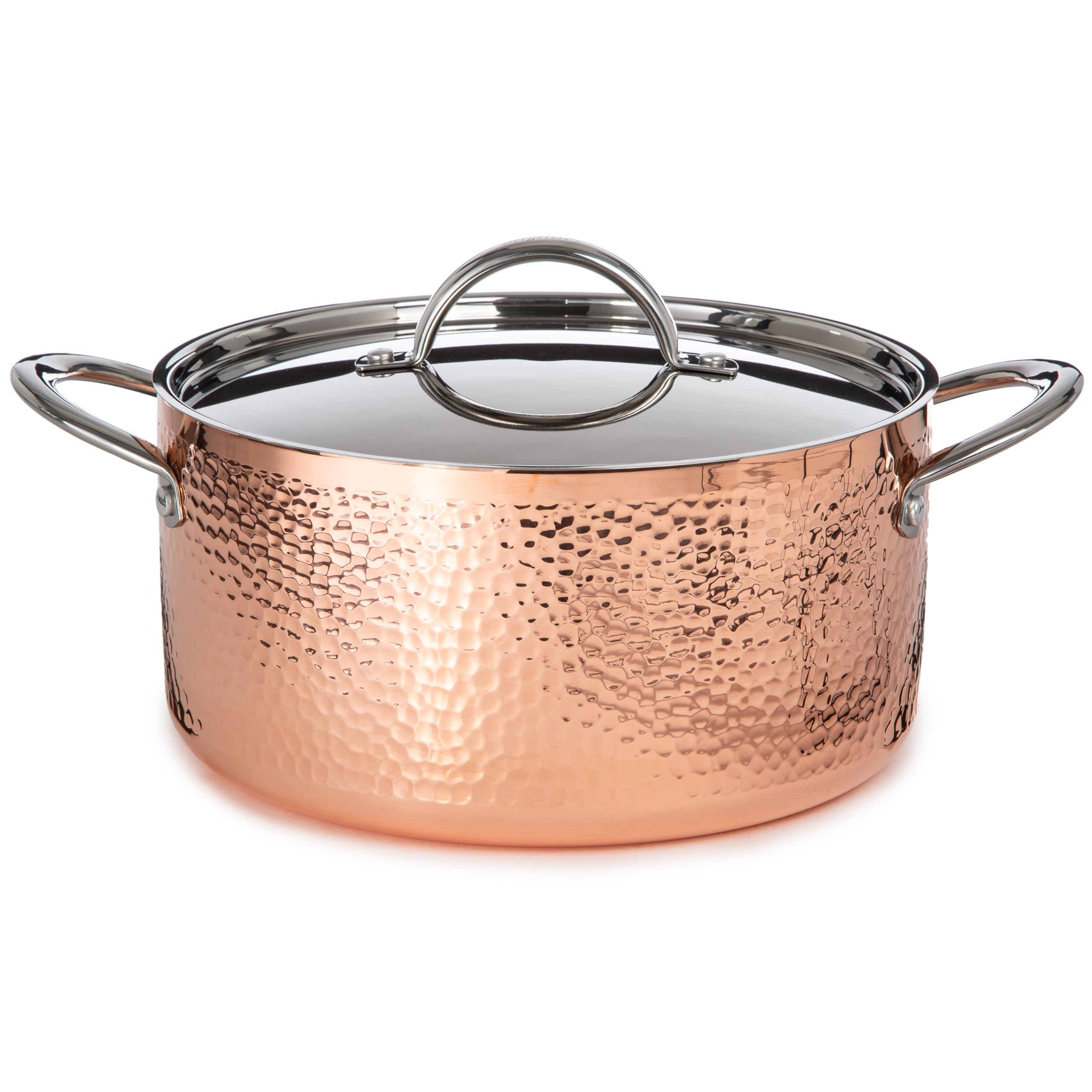 BergHOFF Vintage Tri-Ply Copper 9.5 Inch Dutch Oven 5.75 Quart with Matching Lid - Hammered Finish, Ergonomic Handle, 3-Layer Base for Even Heat Distribution - Perfect for Braising, Stewing & Slow Cooking in Gold Finish