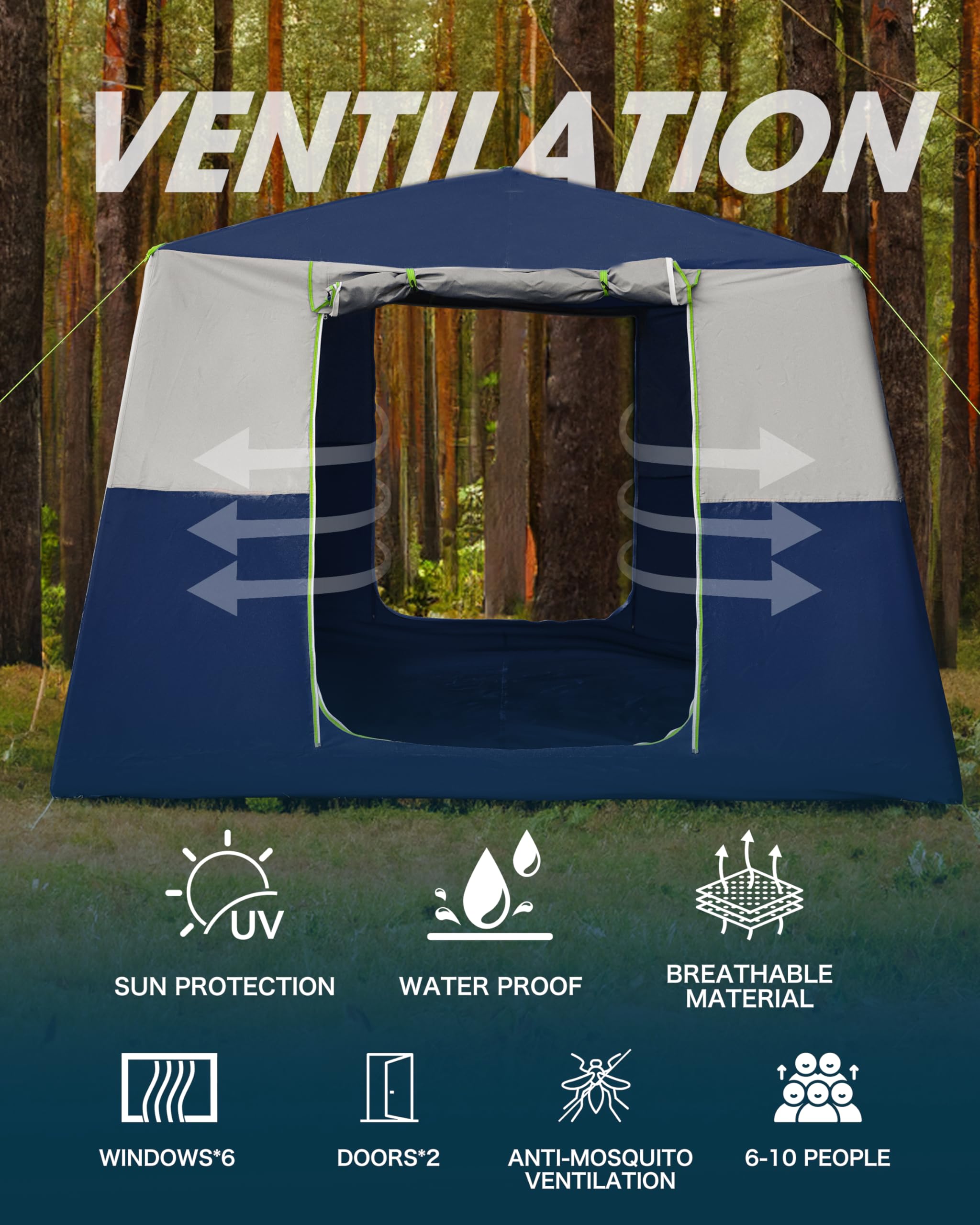 14.1'x6.5'x9' Inflatable Camping Tent - Waterproof & Windproof 6/8/10 Person Family Air Tent with 2 Doors & 6 Mesh Windows | Easy Setup Portable Blow Up Tent for Outdoor Adventures, Beach Trips & Backyard Camping