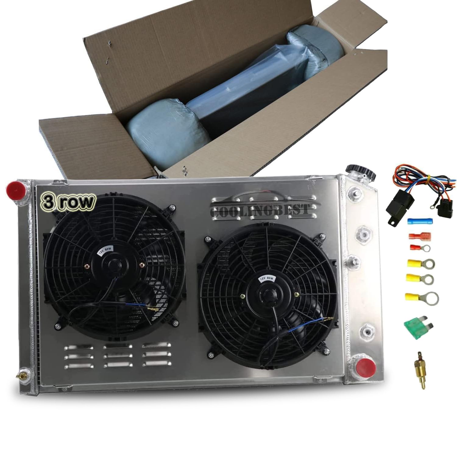 CU162 Aluminum Radiator 3 Row with Fan Shroud Assembly - Compatible with 1970-1987 Chevy GMC C/K/G-Series C10 K10 Camaro Monte Carlo Malibu Blazer Oldsmobile Cadillac Seville Pontiac Buick G Body - Perfect for Engine Cooling & Performance Upgrades