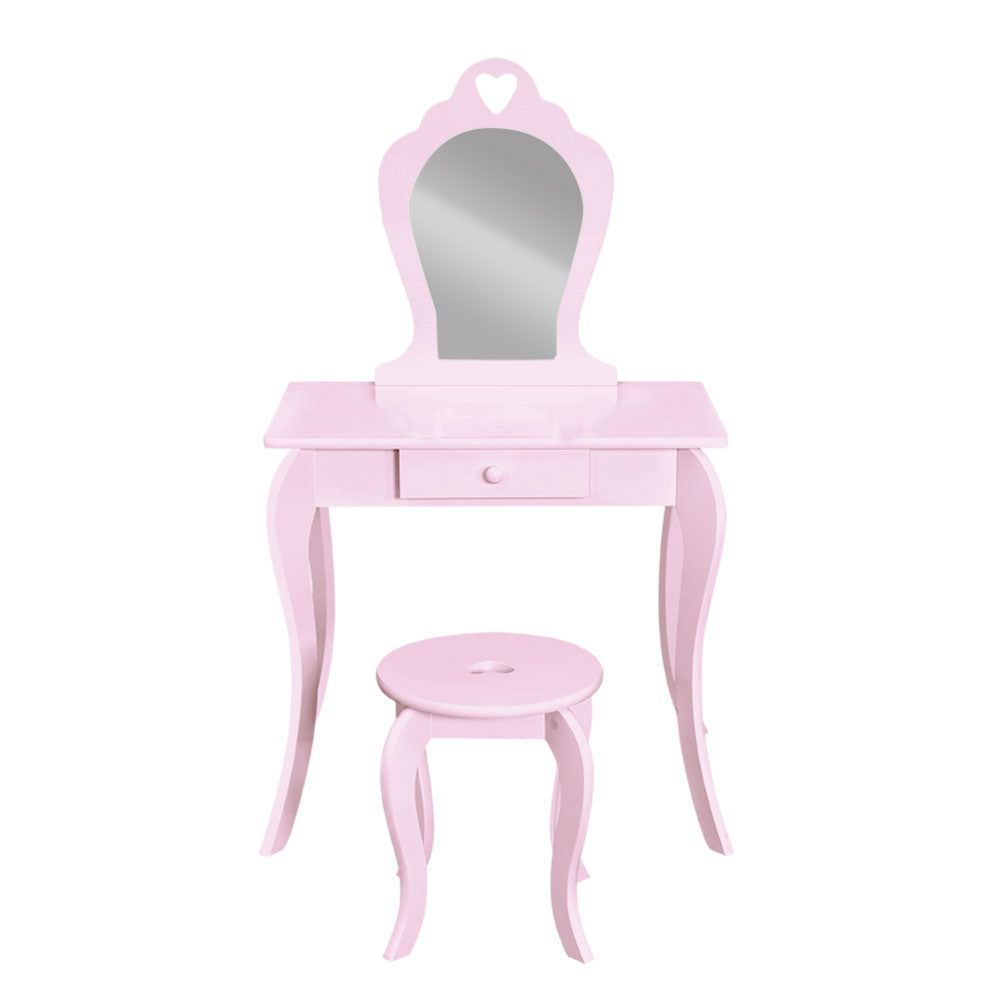 Keezi Kids Dressing Table and Stool Set with Vanity Mirror - Pink Princess Makeup Play Set for Girls - Perfect for Pretend Play, Birthday Gifts & Bedroom Decor