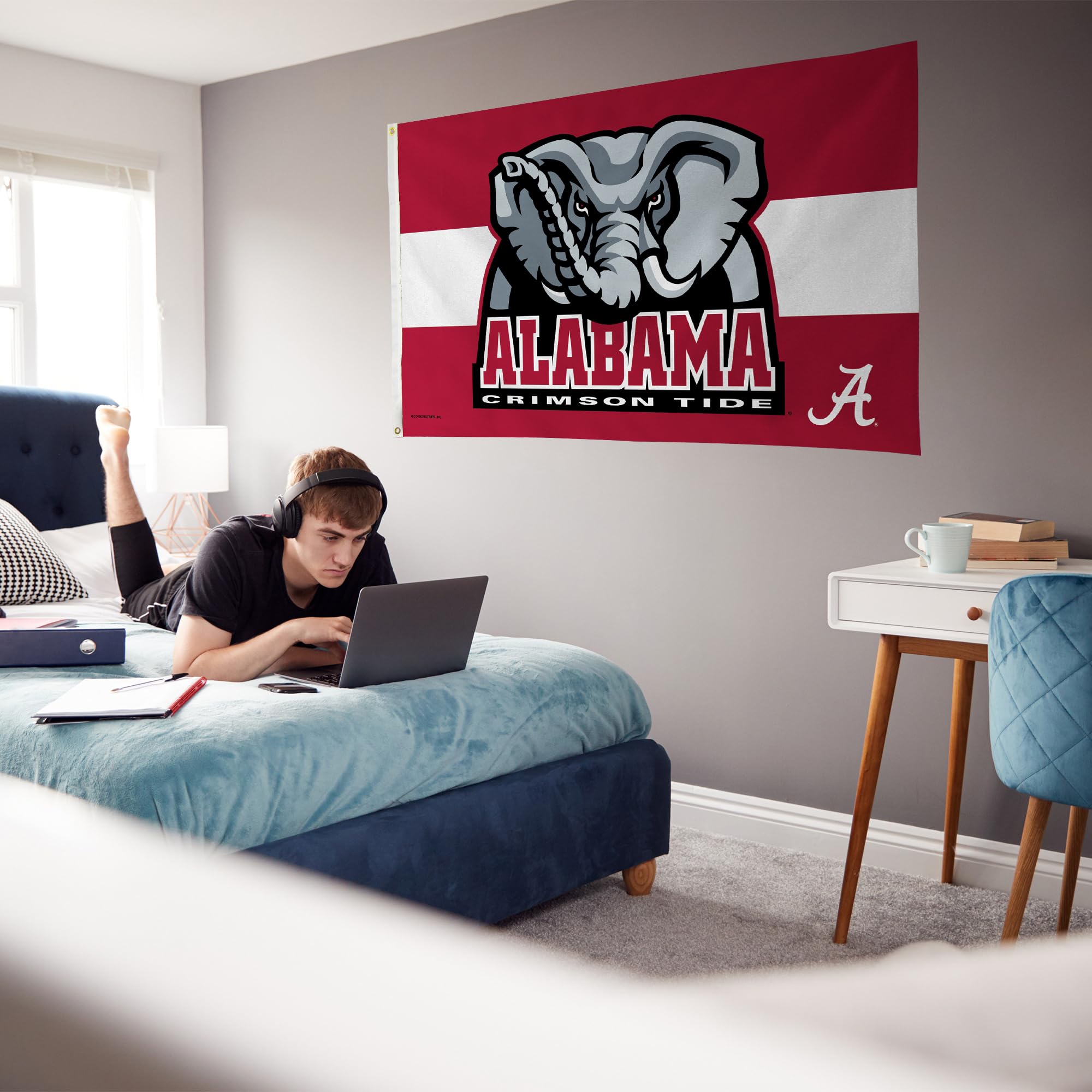 Rico Industries NCAA Alabama Crimson Tide White Stripe 3' x 5' Banner Flag - Single Sided Indoor/Outdoor College Football Decor for Game Day, Tailgating & Home Decor
