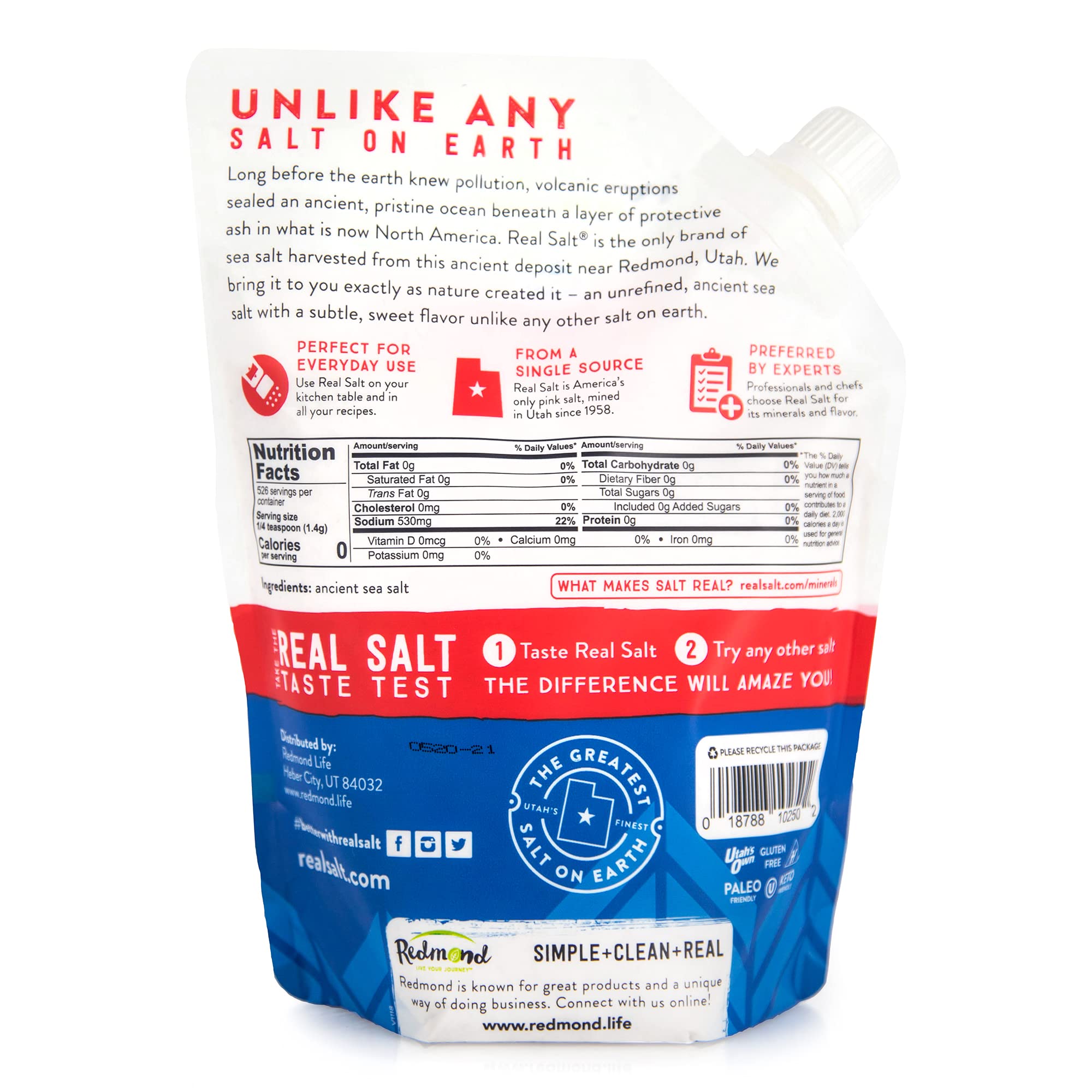 REDMOND Real Sea Salt - Natural Unrefined Gluten-Free Fine Grain Salt, 26 Ounce Resealable Pouch (1 Pack) | Perfect for Cooking, Baking & Seasoning | Healthy Alternative to Processed Salts
