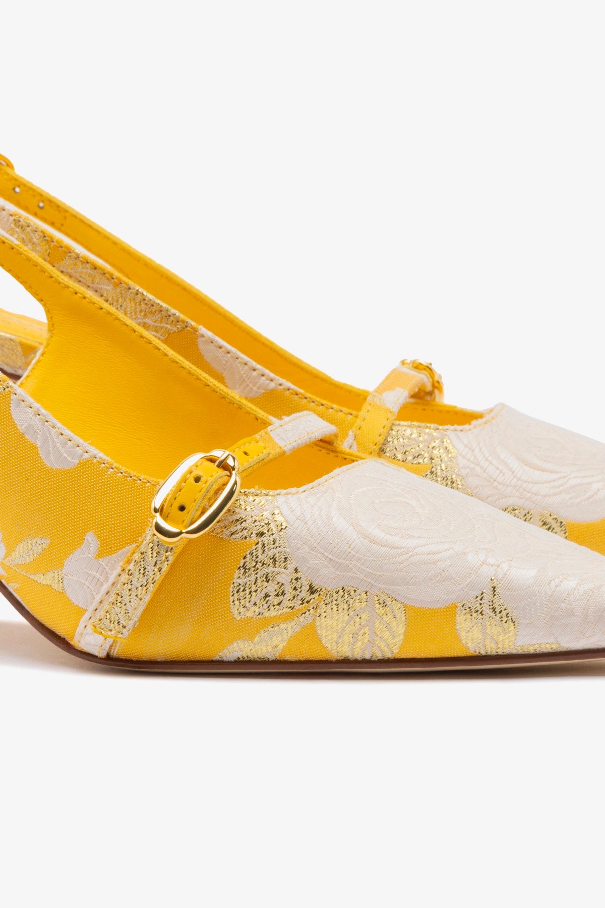 Larroudé x Markarian Ines Pump - Yellow Floral Brocade Heels for Women | Elegant Wedding, Party & Special Occasion Shoes
