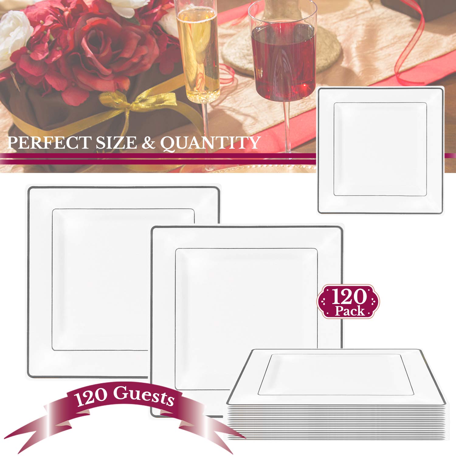 Premium Heavy-Duty Disposable Square Plastic Plates - Elegant White with Silver Trim, 9.5 Inch (120 Count) - Perfect for Weddings, Birthdays, Parties, Catering & Special Events - Durable Dinnerware for Indoor/Outdoor Entertaining