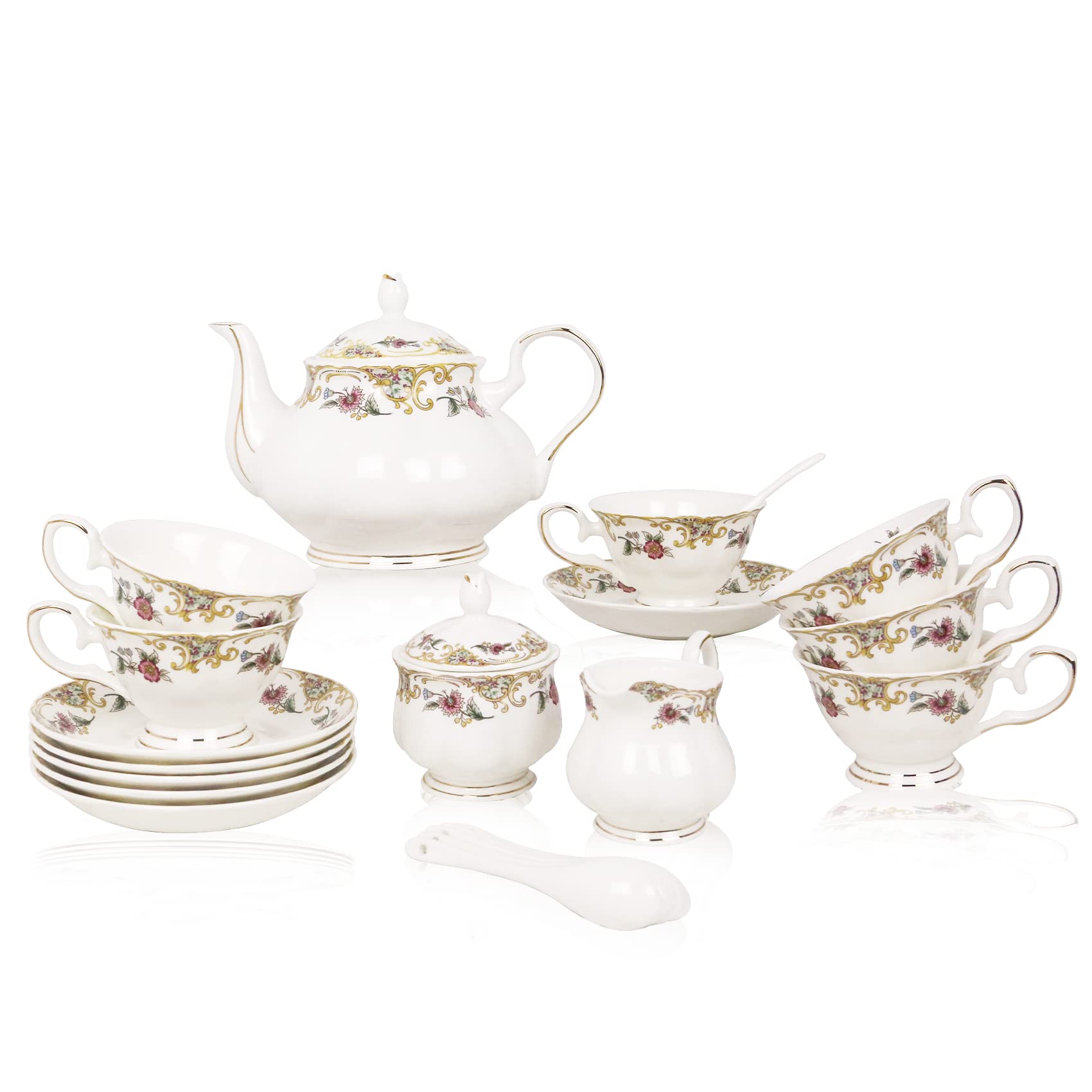 Premium 21-Piece Bone China Tea Set - Elegant White Floral Porcelain Tea Cups, Teapot, Sugar Bowl & Creamer Pitcher - English Tea Party Set for Adults & Women - Perfect for Afternoon Tea, Bridal Showers & Gift Giving