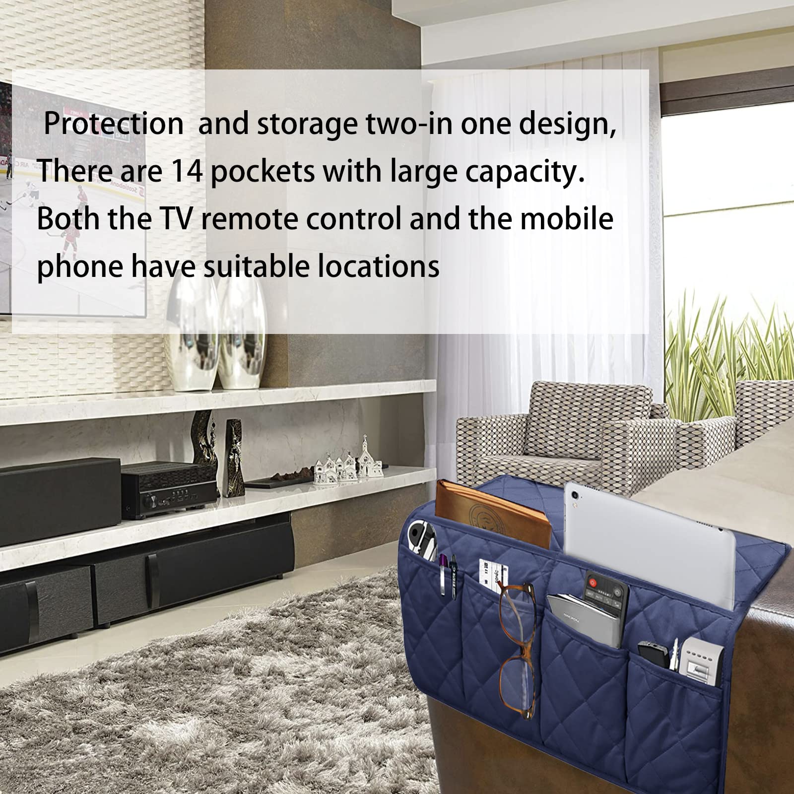 Waterproof Recliner Armrest Organizer with 14 Pockets - Non-Slip Sofa Caddy for Remote Controls, Books, Magazines & iPad - Perfect for Living Room, Home Theater & Nursing Chair Organization