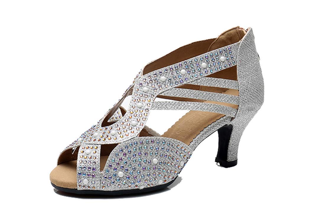 **Women's Glitter Peep Toe Tango Latin Dance Shoes with Rhinestones & Zipper - 6cm Heel Rubber Sole for Wedding, Party & Ballroom Dancing (Silver, Size 5 UK)**    **Use Cases:** Perfect for Latin dance, tango, salsa, weddings, parties, ballroom dancing, and stage performances.