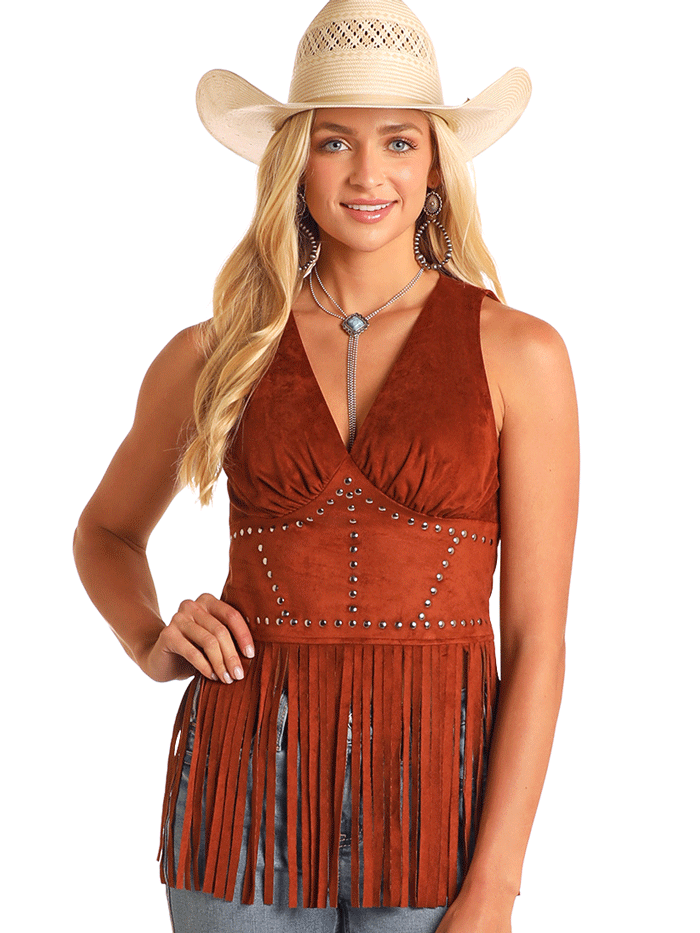 Rock & Roll Denim BW20T05873 Women's Studded Microsuede Fringe Top - Brown Distressed Vintage Style Biker Jacket for Concerts & Night Out