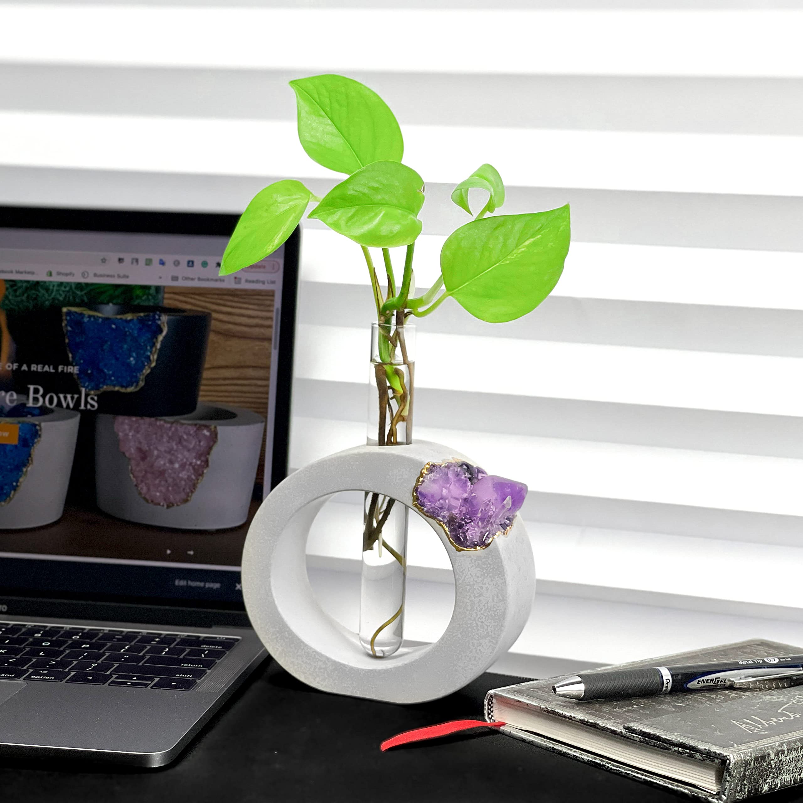 Amethyst Geode Planter - Glass Test Tube Plant Propagation Station for Hydroponics, Terrarium & Home Decor | Boho Office Gift, Crystal Stand & Flower Vase | Perfect for Indoor Gardening, Desk Decor & Zen Spaces