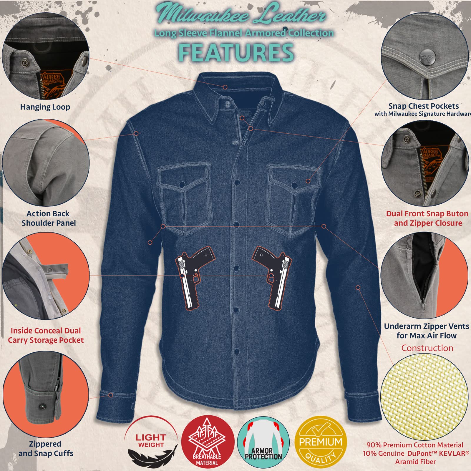 Milwaukee Leather Men's Plaid Flannel Blue Biker Shirt with CE Approved Armor - Aramid Fiber Reinforced MPM1634 (X-Large) | Motorcycle Riding Gear for Safety & Comfort