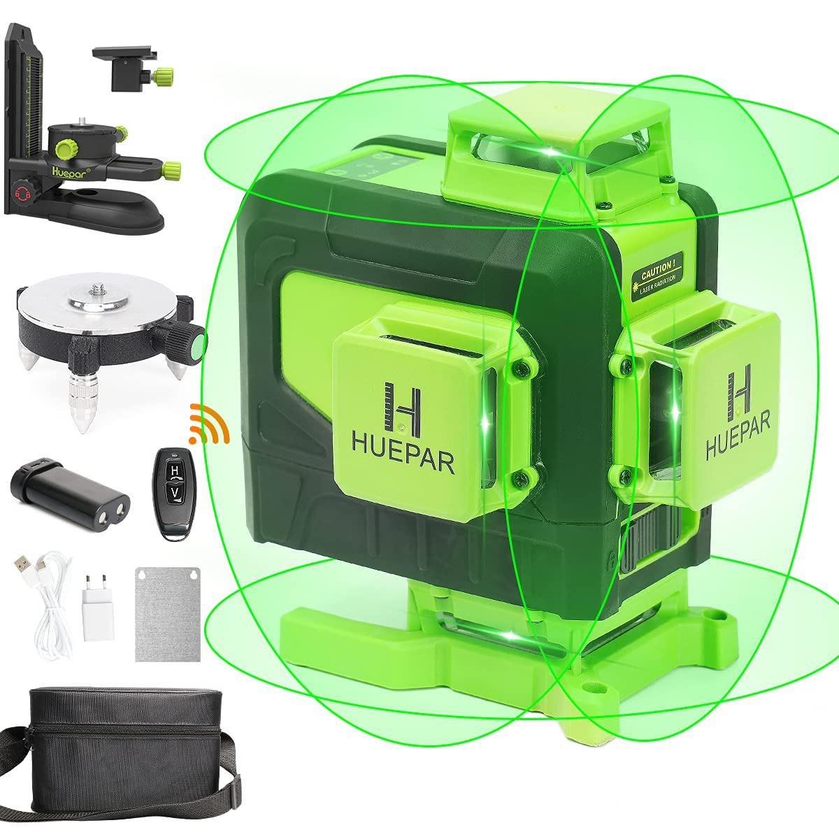 Huepar 904DG 4D Self-Leveling Laser Level with Remote Control - 16 Green Beam Lines, 4x360° Coverage, Magnetic Bracket & Li-ion Battery - Perfect for Floor Tiling, Wall Alignment, and Construction Layouts