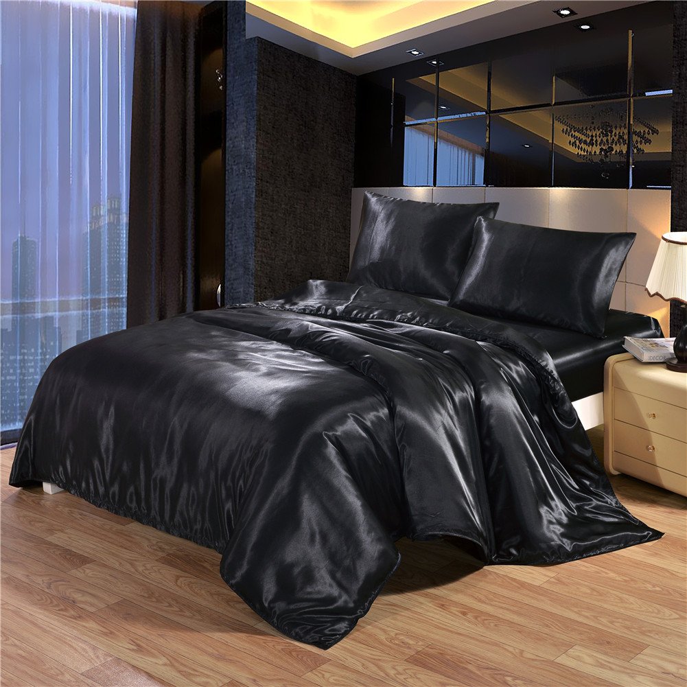 Luxury 3-Piece Duvet Cover Set - Ultra Soft Silky Satin Hotel Collection - King/Cal King Size with Zipper Closure (1 Comforter Cover + 2 Pillowcases) - Black - Perfect for Bedroom, Guest Room & Hotel Decor