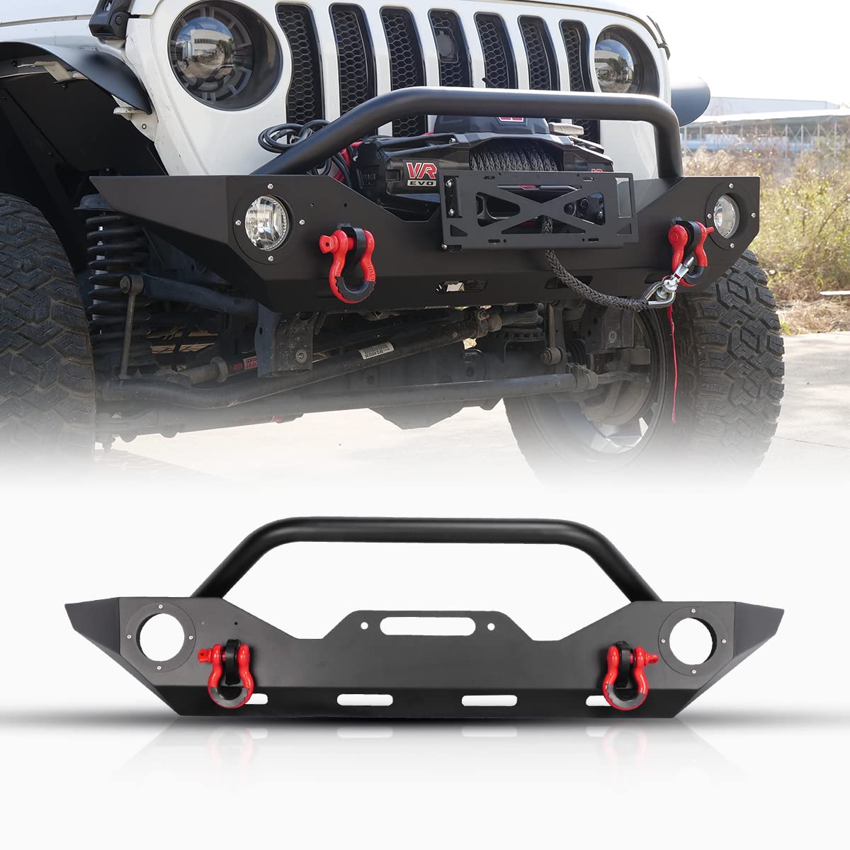 WOLFSTORM Heavy Duty Steel Front Bumper for 2007-2018 Jeep Wrangler JK/JKU & 2018-2025 JL/JLU & 2019-2025 Gladiator JT - Full Width Off-Road Bumper with 2x D-Ring Shackles - Perfect for Trail Riding, Rock Crawling & Overland Adventures