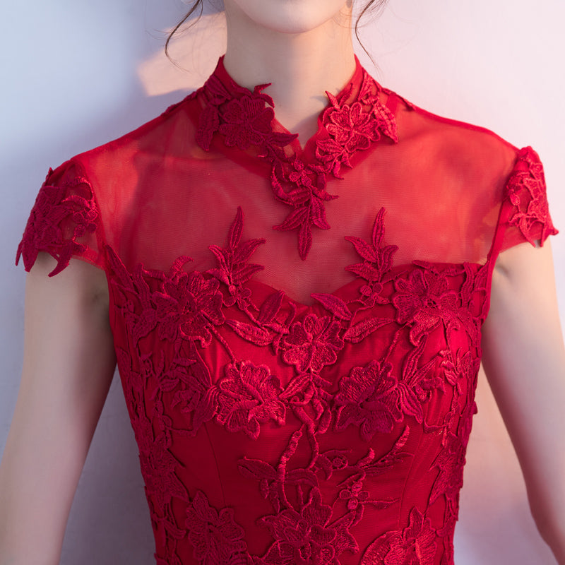 Elegant Red Floor-Length Tulle Wedding Qipao Cheongsam Dress for Brides - Perfect for Traditional Chinese Ceremonies, Photoshoots & Cultural Events