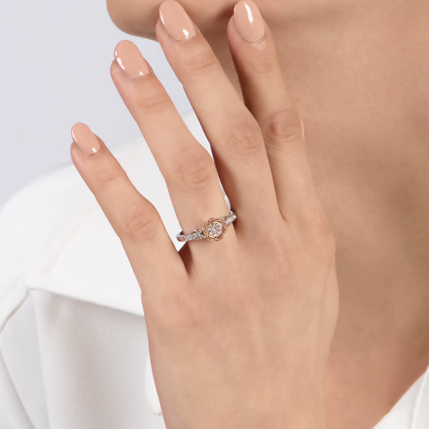 Enchanted Disney Belle Rose Engagement Ring - 14K White Gold & Rose Gold, 1/4 Cttw Diamond | Perfect for Proposals, Anniversaries & Disney-Themed Weddings