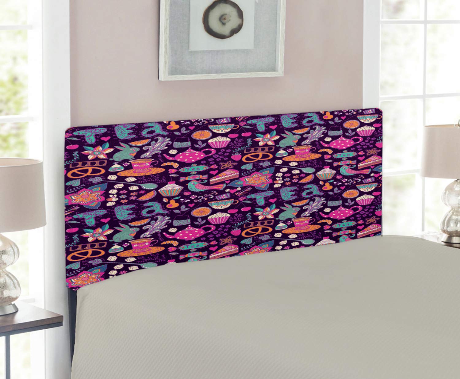Ambesonne Tea Party Headboard - Vibrant Abstract Tea Cupcakes & Teacups Design, Upholstered Metal Bed Frame with Memory Foam, Twin Size, Multicolor - Perfect for Girls' Bedroom, Dorm Room Decor & Whimsical Tea-Themed Interior Design
