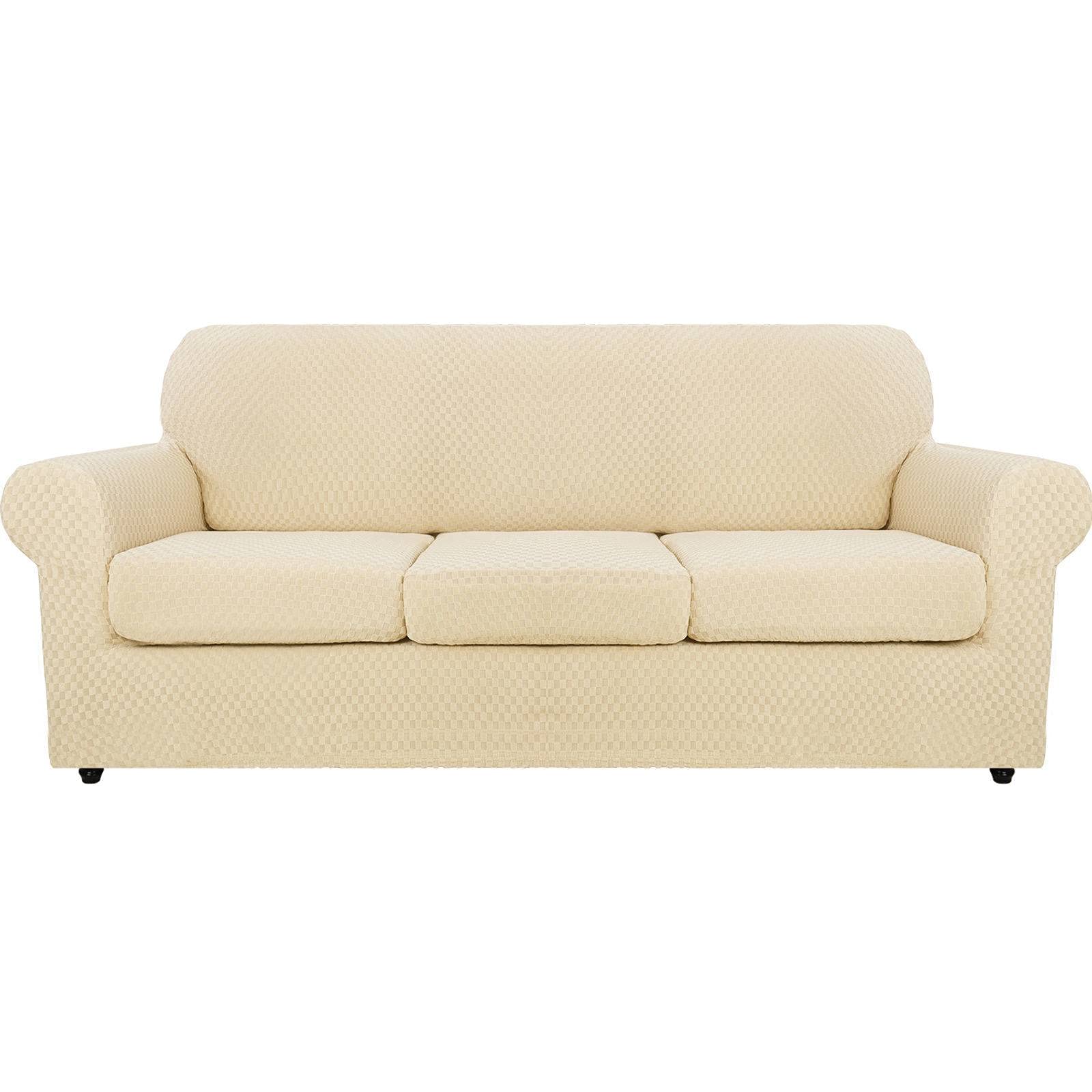 JHLD 4-Piece Stretch Sofa Cover Set - Soft Jacquard Anti-Slip Couch Protector for 3-Cushion Couches (Light Beige, Large) - Perfect for Homes with Kids & Pets, Living Room Furniture Protection