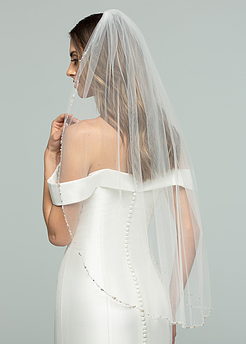 Elegant V1022 Fingertip Veil with Delicate Beading - Perfect for Weddings, Bridal Showers & Formal Events