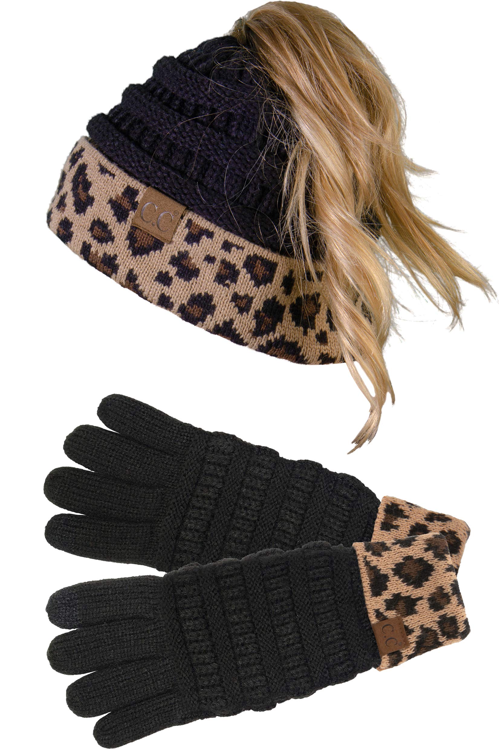 Funky Junque Matching 2-Pack: Leopard Print Ponytail Beanie & Texting Gloves Set - Black Winter Accessories for Women | Cozy Outfit Combo for Cold Weather & Outdoor Activities