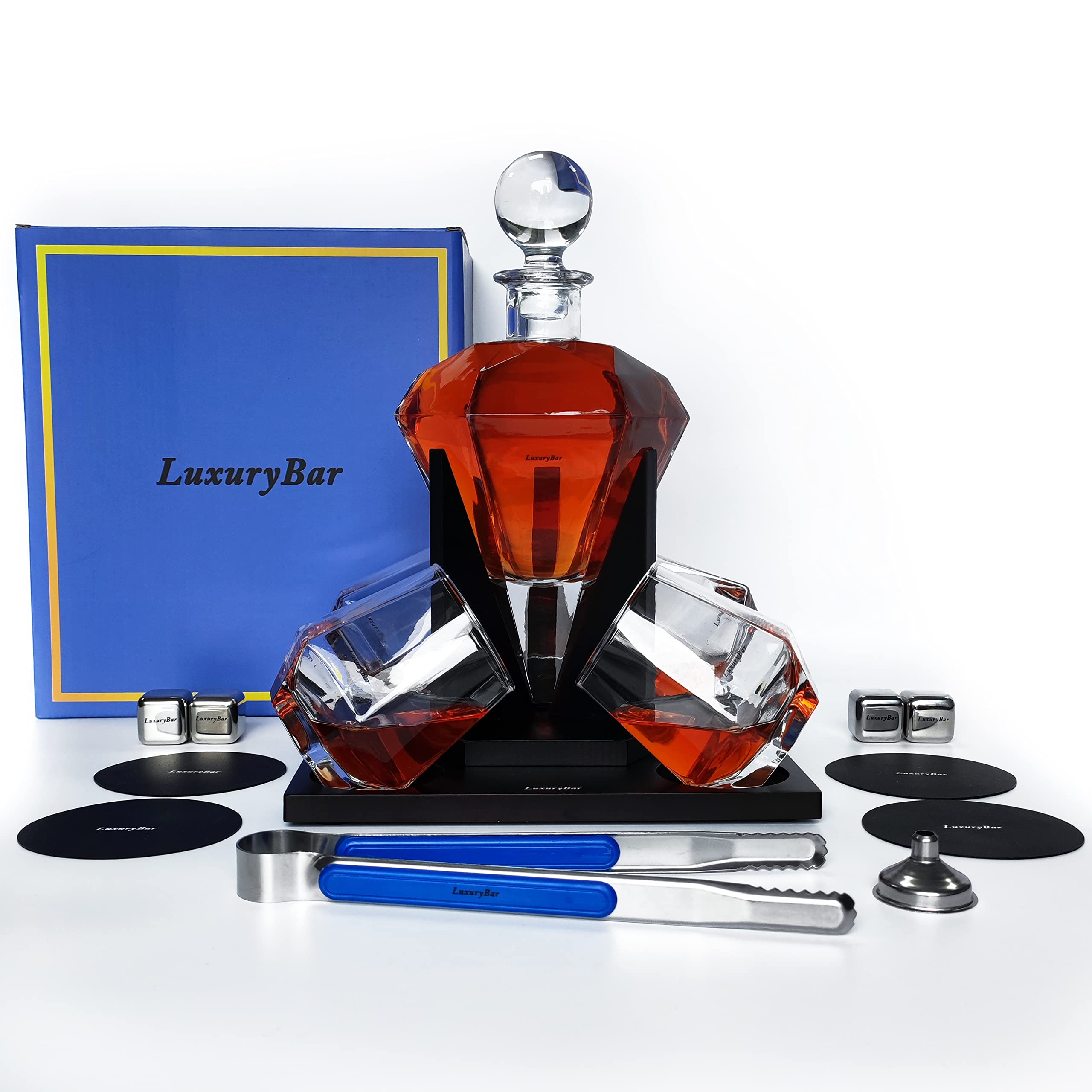 Premium Whiskey Decanter Set with 4 Glasses & Ice Cubes - Elegant Crystal Liquor Decanter for Bourbon, Tequila, Vodka & Whisky - Perfect Gift for Men - Ideal for Home Bars, Dinner Parties & Special Occasions