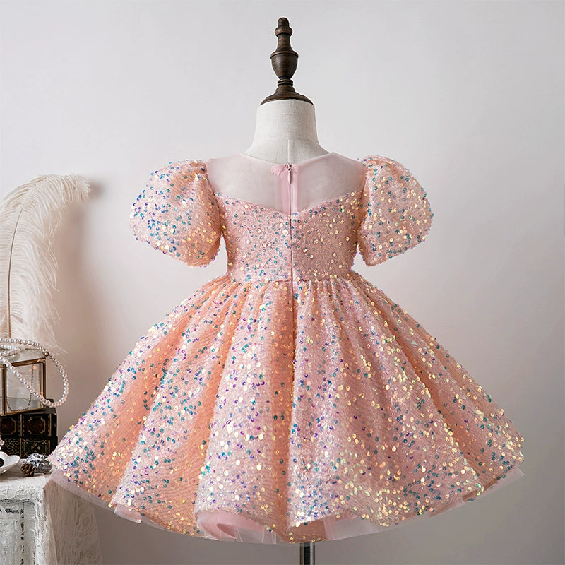 Pink Princess Round Tea Length Sequined Flower Girl Dress for Weddings, Bridal Showers & Special Occasions