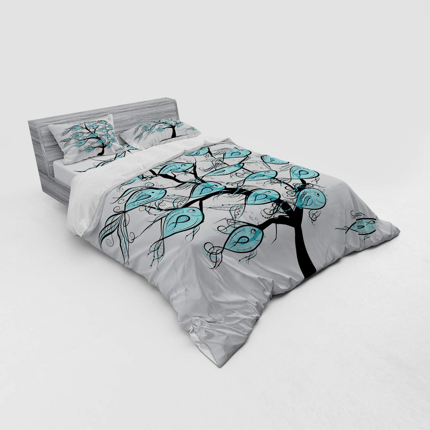 Ambesonne Fish Duvet Cover Set - 4 Piece Queen Size Bedding with Funny Tree Branch Fish Design, Blue & Black - Includes Shams & Fitted Sheet - Perfect for Kids' Rooms, Coastal Themed Bedrooms & Unique Home Decor