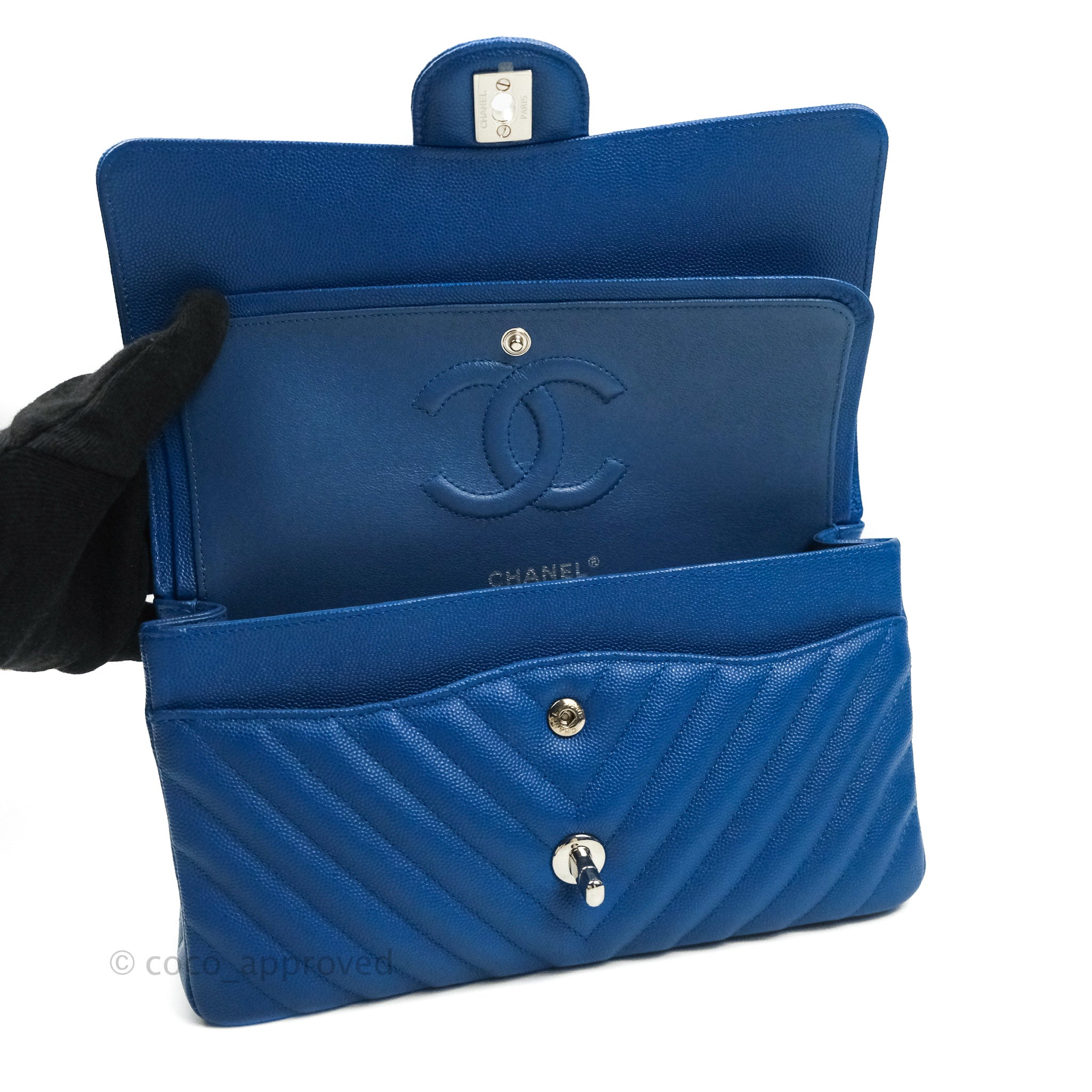 Chanel Classic Chevron M/L Medium Double Flap Bag in Blue Caviar Leather with Silver Hardware - Perfect for Work, Evening Events & Luxury Fashion Accessories