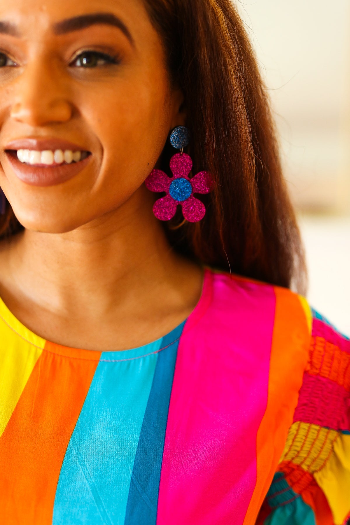 Blue & Magenta Glitter Mod Daisy Earrings for Women - Boho Chic Dangle Drop Earrings - Handmade Floral Statement Jewelry for Parties, Weddings & Everyday Wear