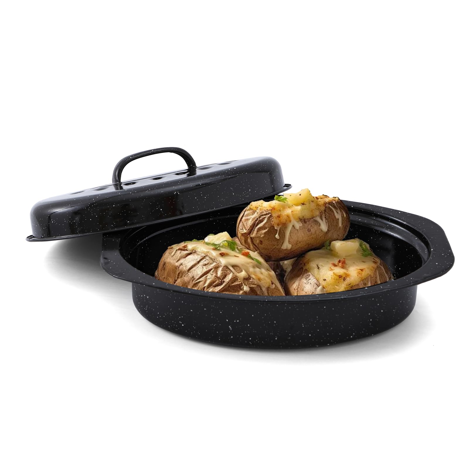 13 Inch Granite Enamel Roasting Pan with Lid - Oven Safe Turkey Roaster for 2 People, High Temperature Resistant Cookware for Thanksgiving, Christmas & Family Dinners